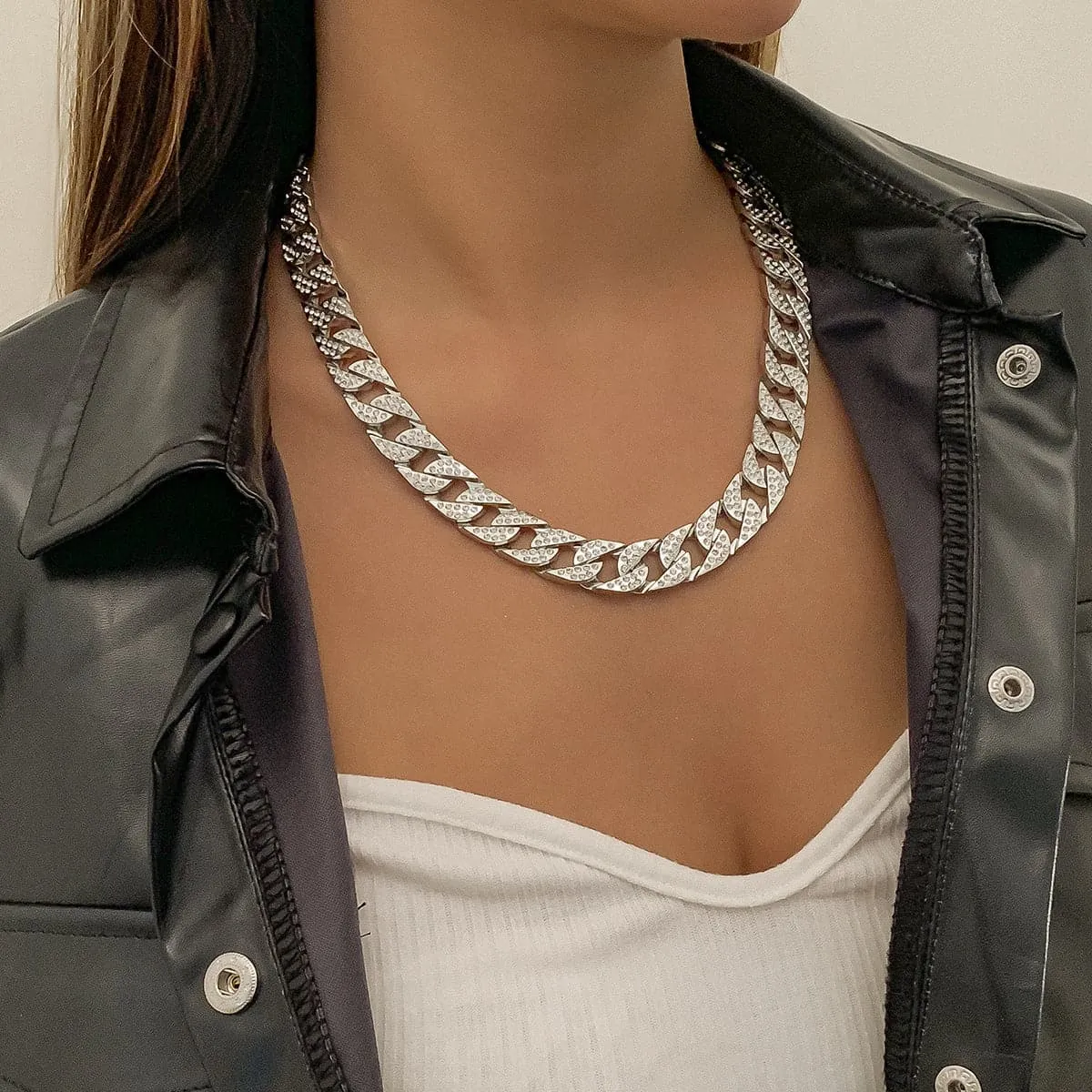 Cubic Zirconia & Silver-Plated Pavé Curb Chain Necklace