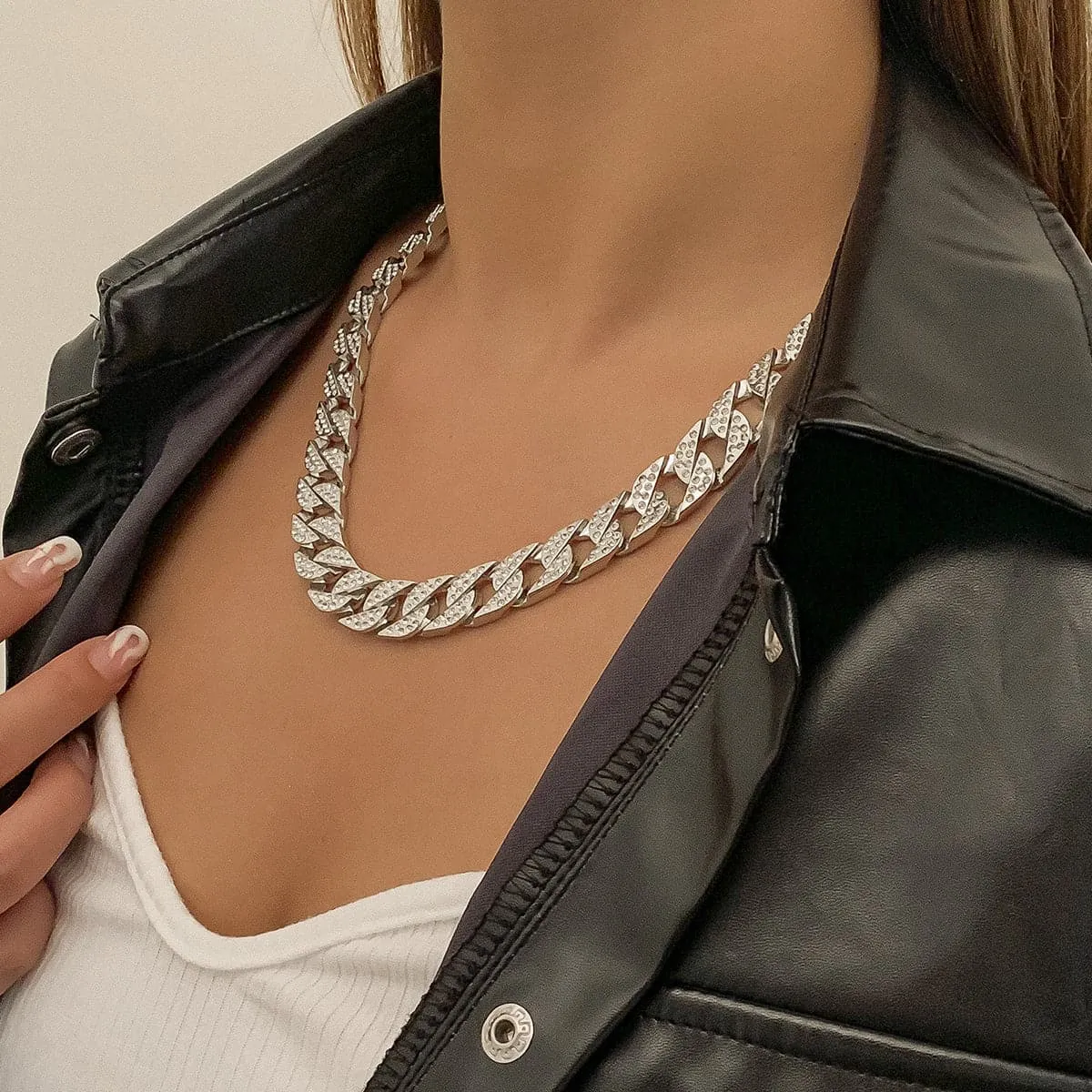 Cubic Zirconia & Silver-Plated Pavé Curb Chain Necklace