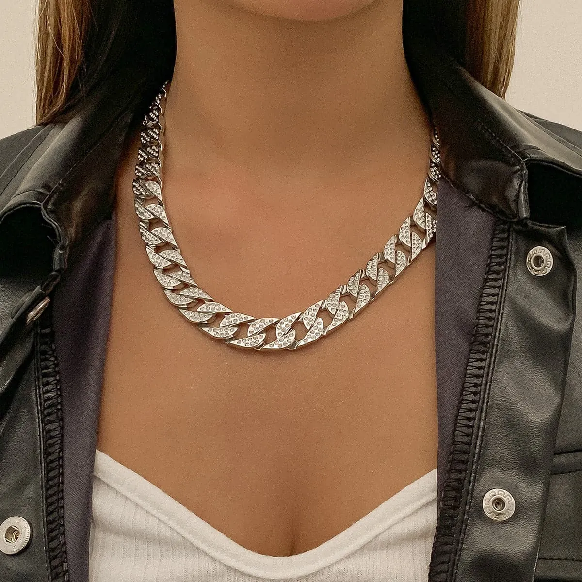 Cubic Zirconia & Silver-Plated Pavé Curb Chain Necklace