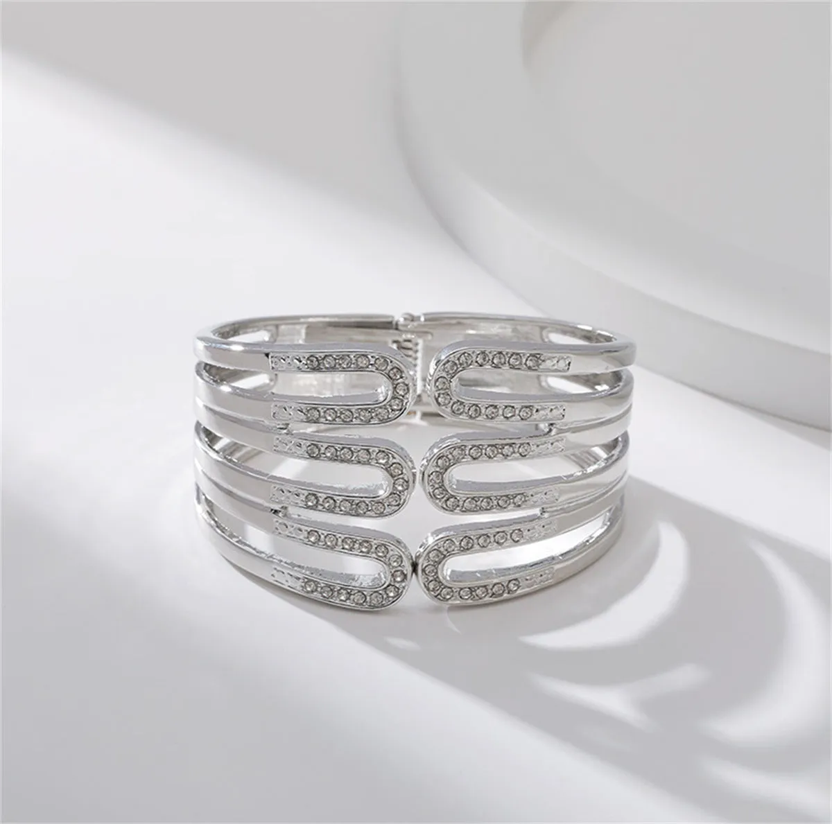Cubic Zirconia & Silver-Plated Pin Layered Bangle