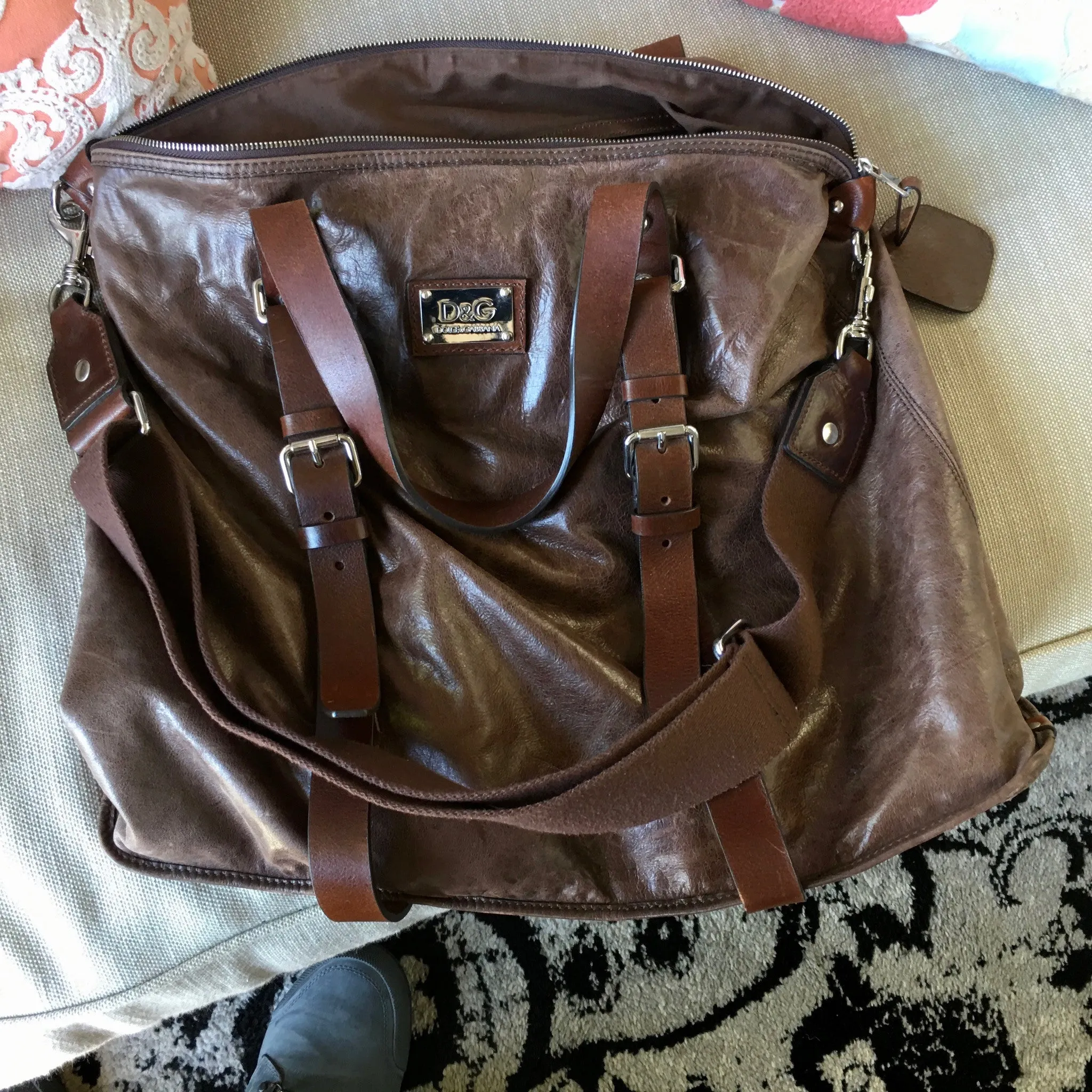 Dolce & Gabbana Brown Leather Travel Overnight Shoulder Bag