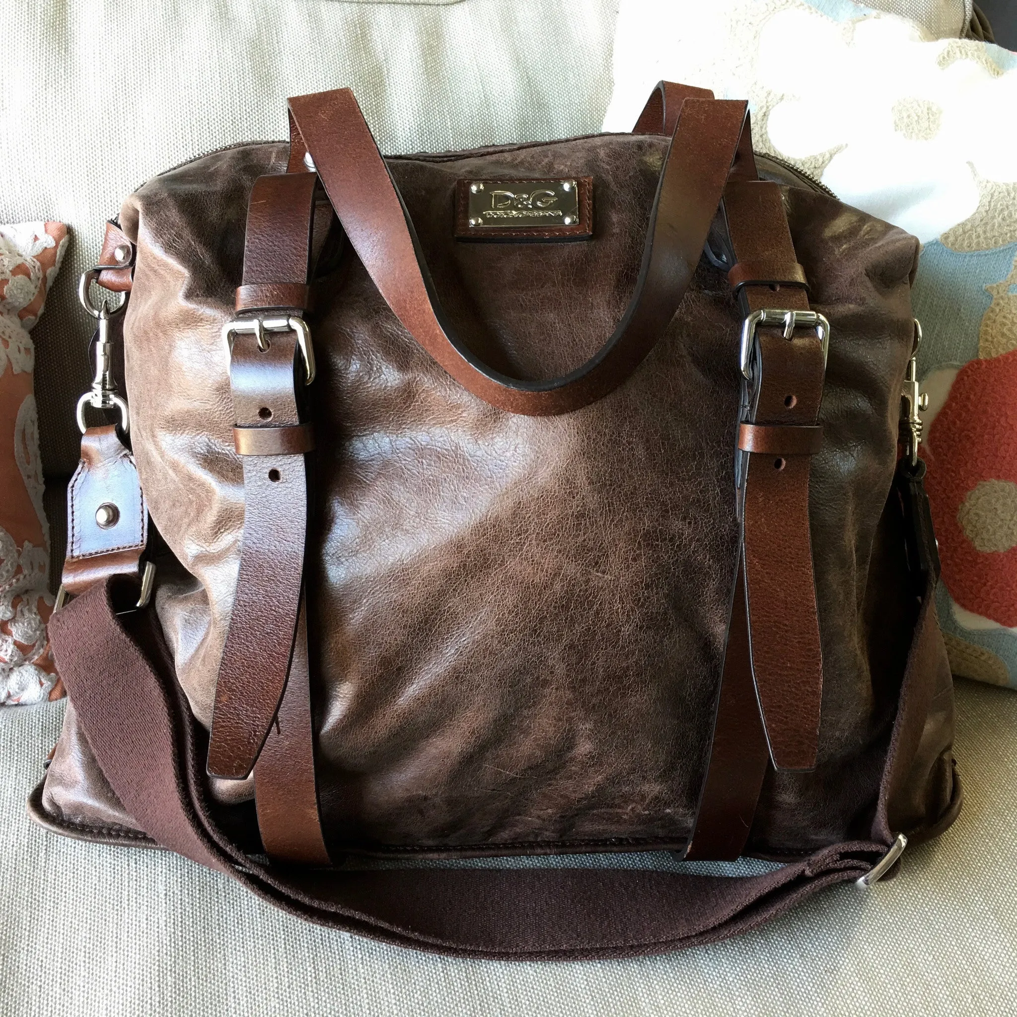 Dolce & Gabbana Brown Leather Travel Overnight Shoulder Bag
