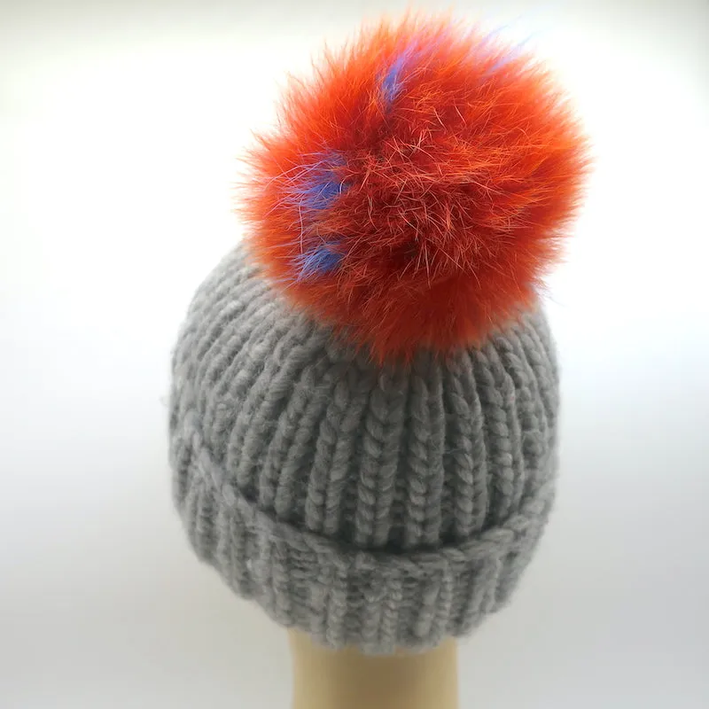 Eugenia Kim Fur Pom Pom Beanie Hat Gray Ribbed Knit