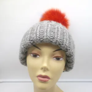 Eugenia Kim Fur Pom Pom Beanie Hat Gray Ribbed Knit