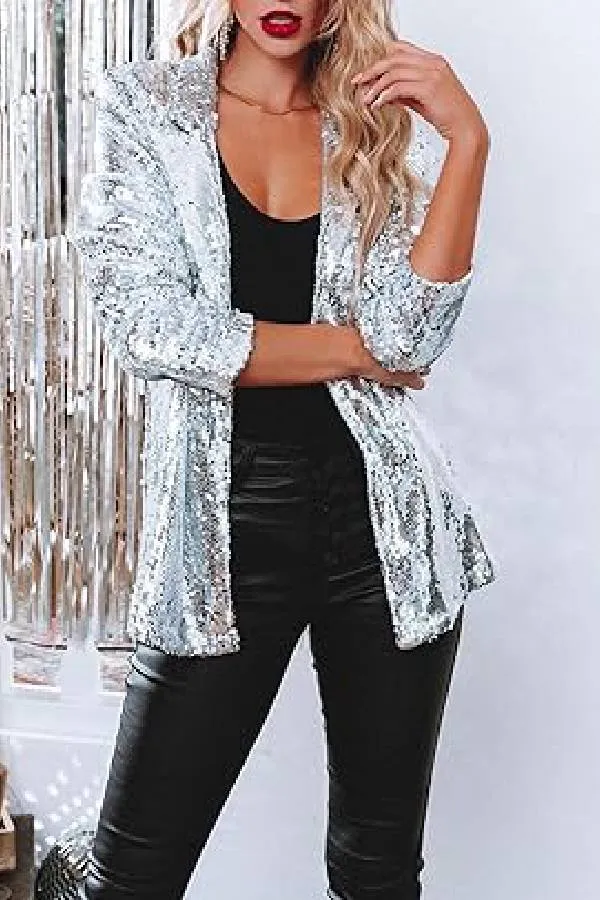 Fashion Sexy Sequin Jacket for Women Open Front Blazer Sparkle Top Long Sleeve