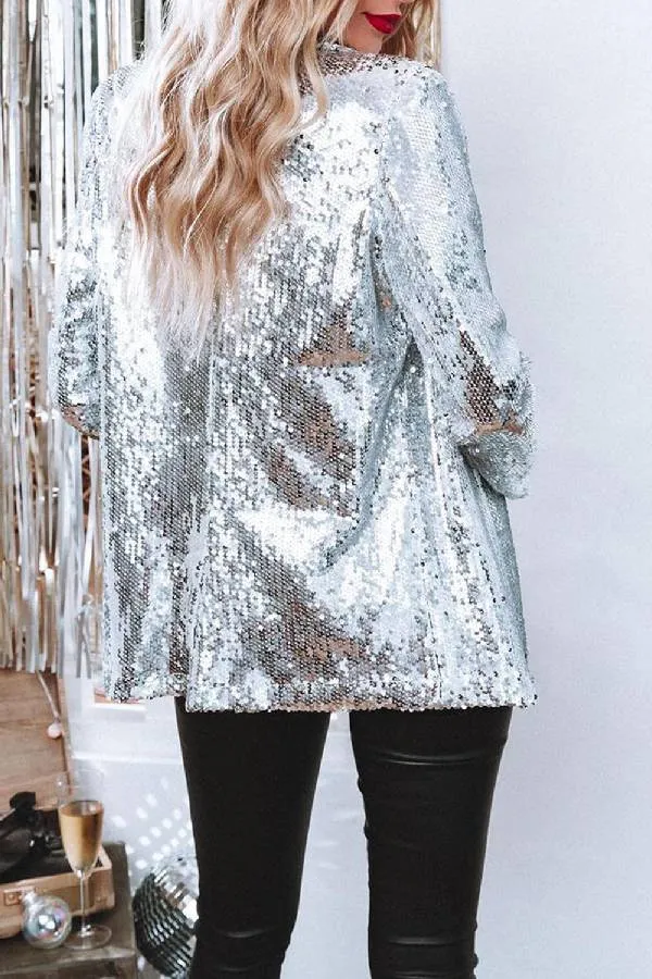 Fashion Sexy Sequin Jacket for Women Open Front Blazer Sparkle Top Long Sleeve