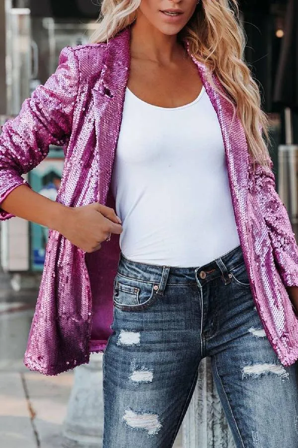 Fashion Sexy Sequin Jacket for Women Open Front Blazer Sparkle Top Long Sleeve