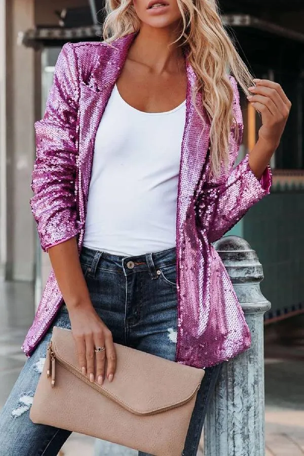 Fashion Sexy Sequin Jacket for Women Open Front Blazer Sparkle Top Long Sleeve