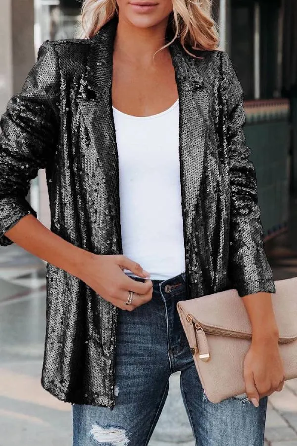 Fashion Sexy Sequin Jacket for Women Open Front Blazer Sparkle Top Long Sleeve