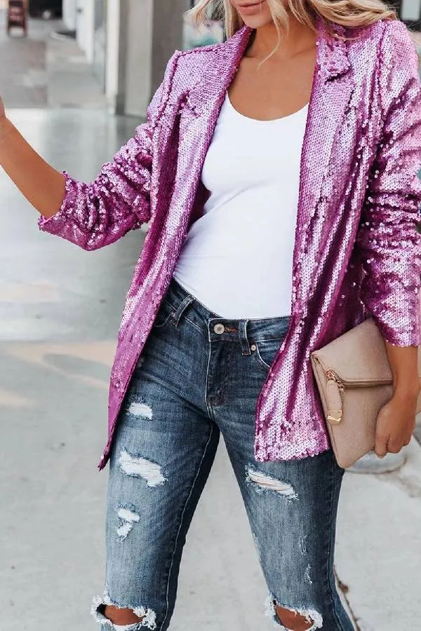 Fashion Sexy Sequin Jacket for Women Open Front Blazer Sparkle Top Long Sleeve