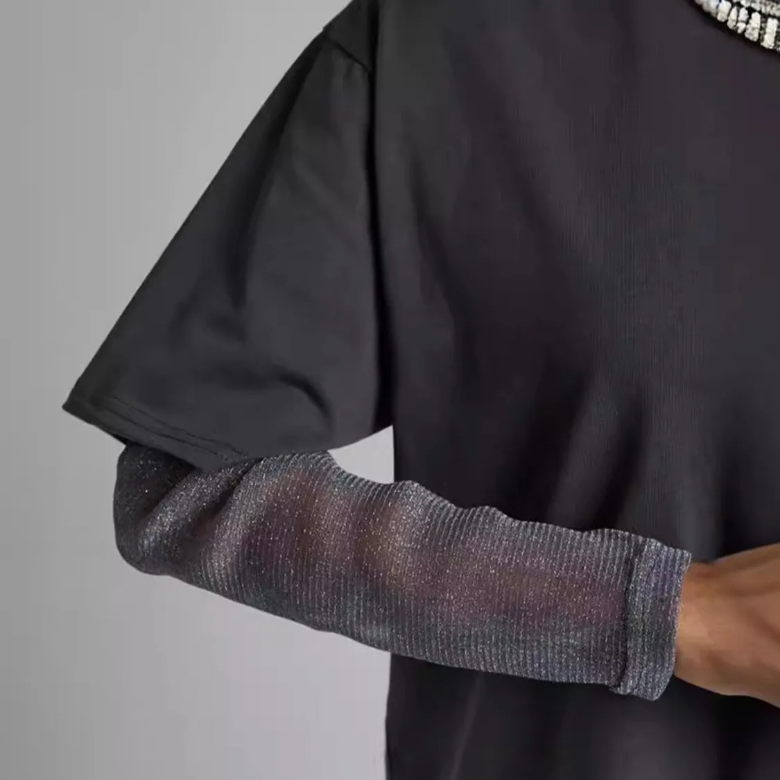 Faux Layered Round Neck Mesh Sleeve Top