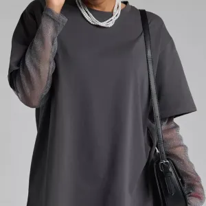 Faux Layered Round Neck Mesh Sleeve Top