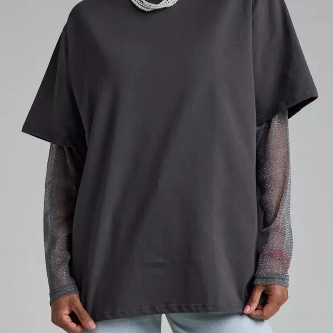 Faux Layered Round Neck Mesh Sleeve Top