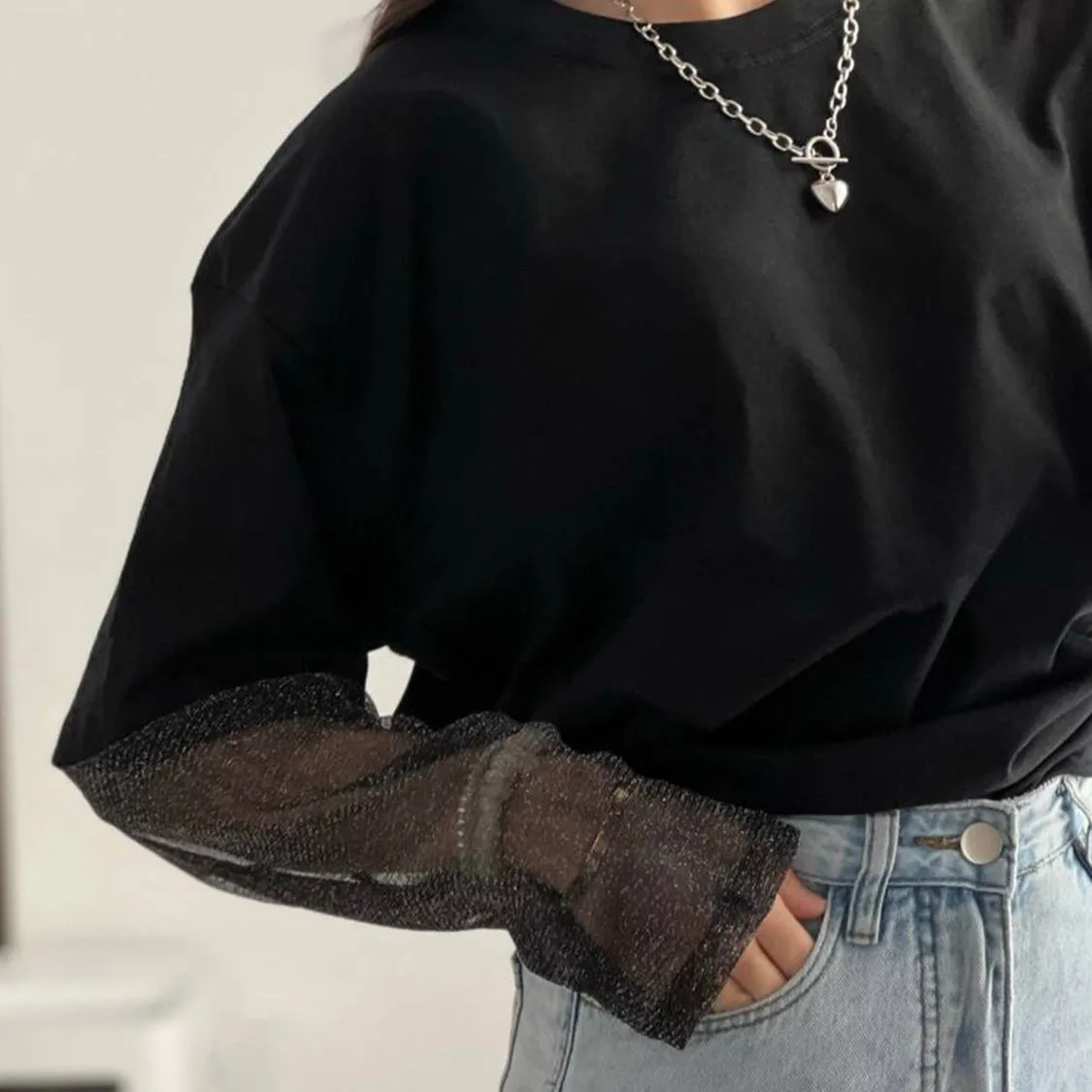 Faux Layered Round Neck Mesh Sleeve Top