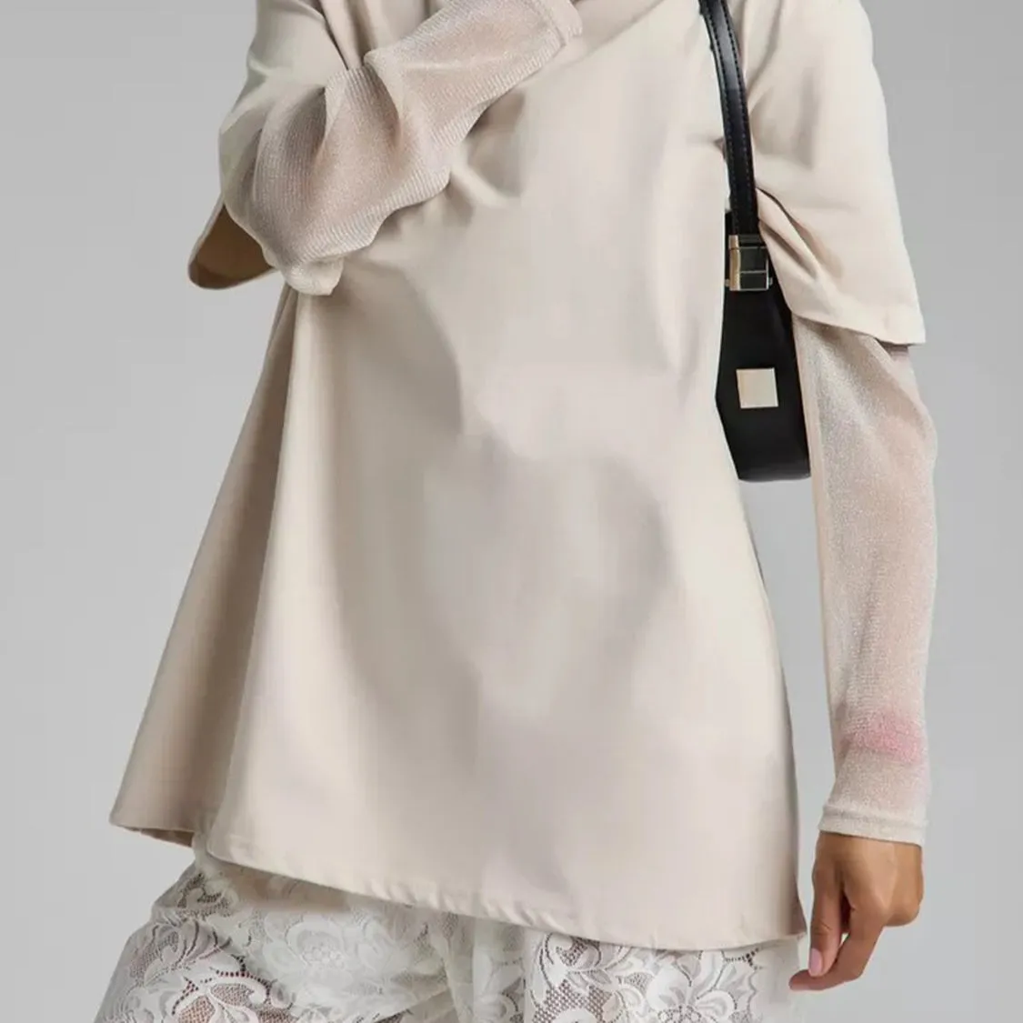 Faux Layered Round Neck Mesh Sleeve Top