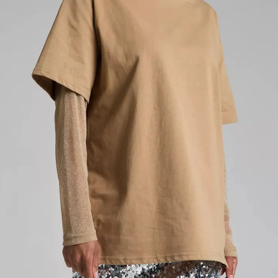 Faux Layered Round Neck Mesh Sleeve Top