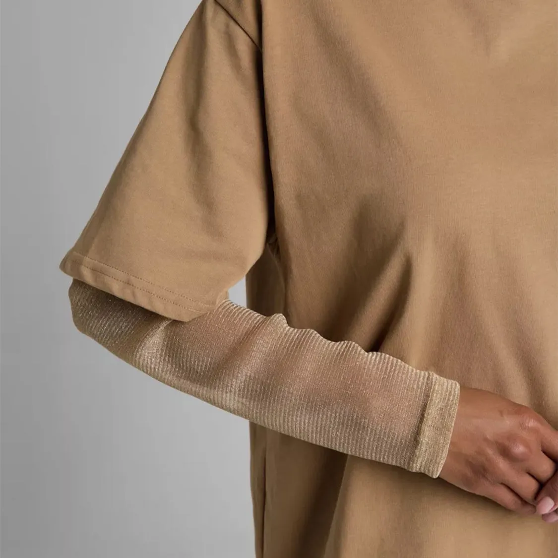 Faux Layered Round Neck Mesh Sleeve Top