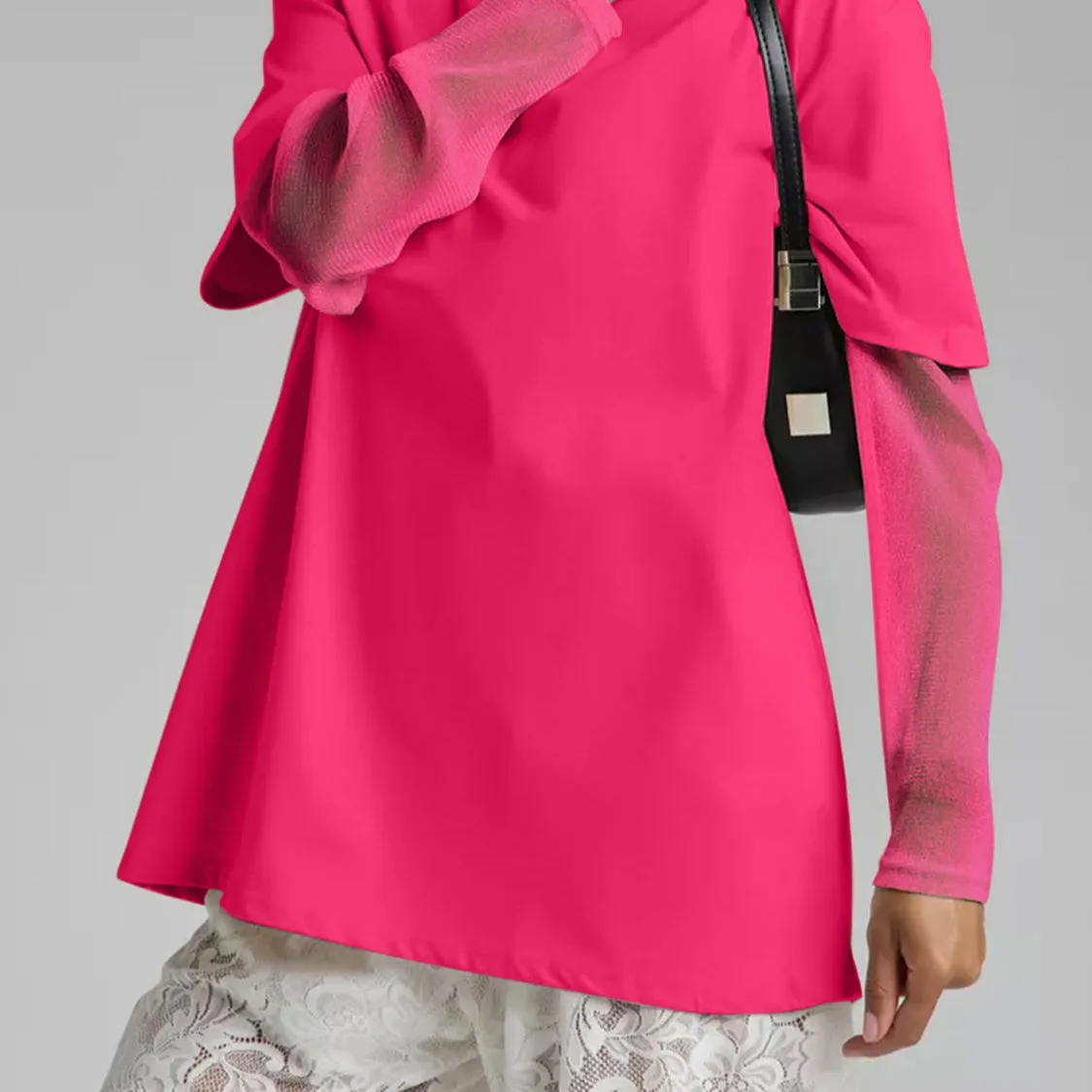 Faux Layered Round Neck Mesh Sleeve Top