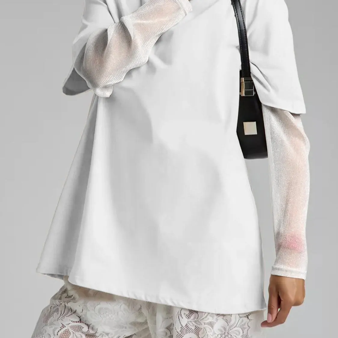 Faux Layered Round Neck Mesh Sleeve Top