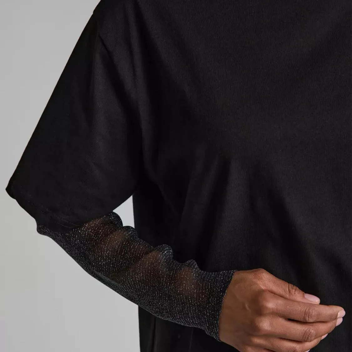 Faux Layered Round Neck Mesh Sleeve Top