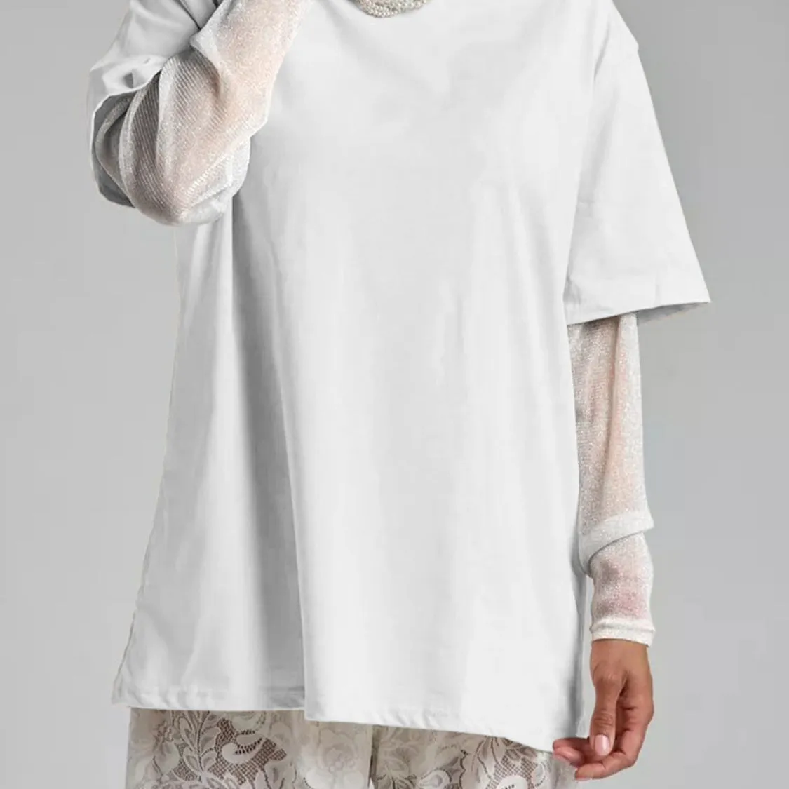 Faux Layered Round Neck Mesh Sleeve Top