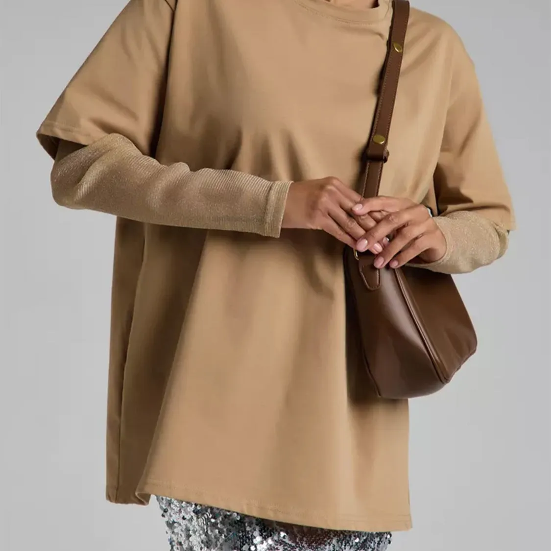Faux Layered Round Neck Mesh Sleeve Top