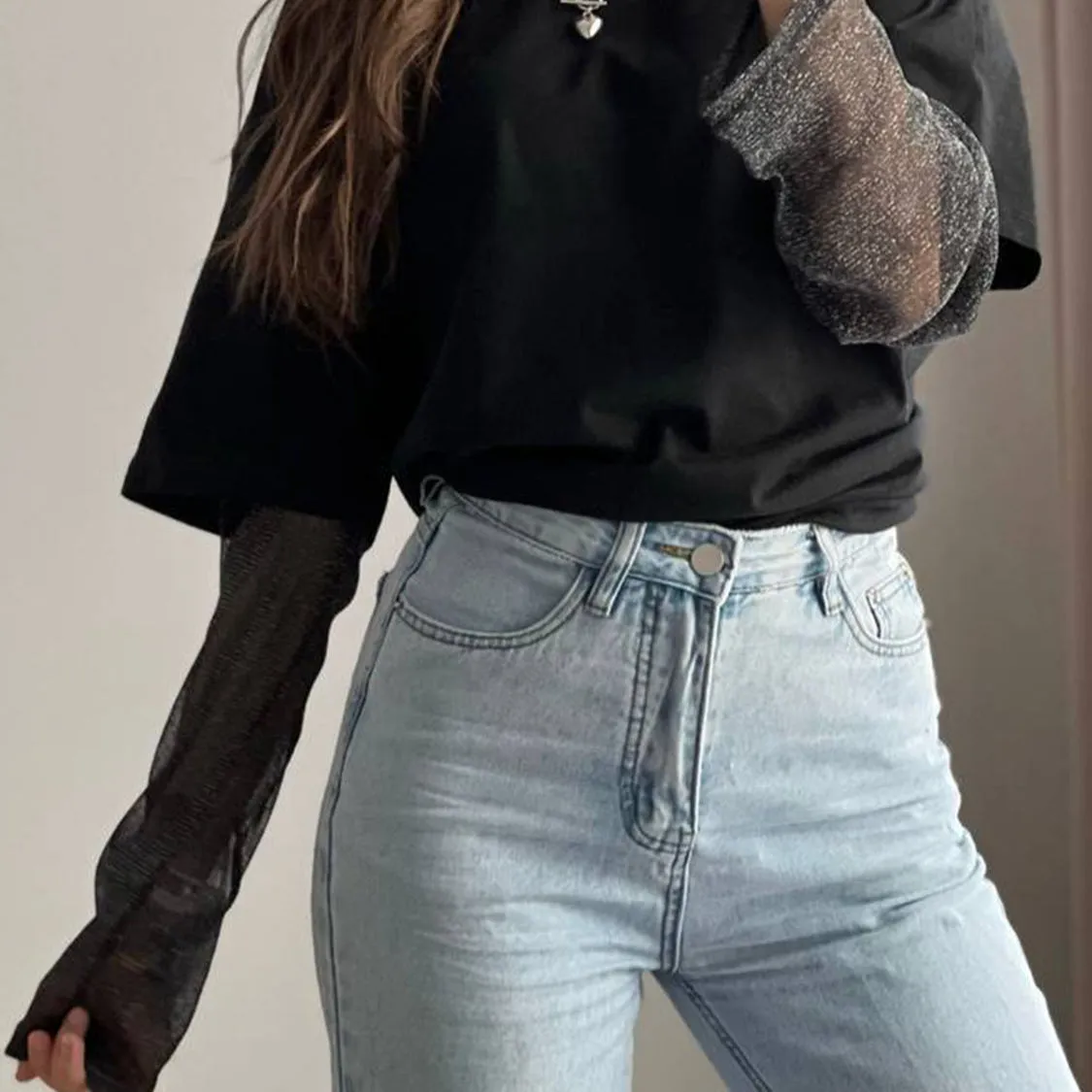 Faux Layered Round Neck Mesh Sleeve Top