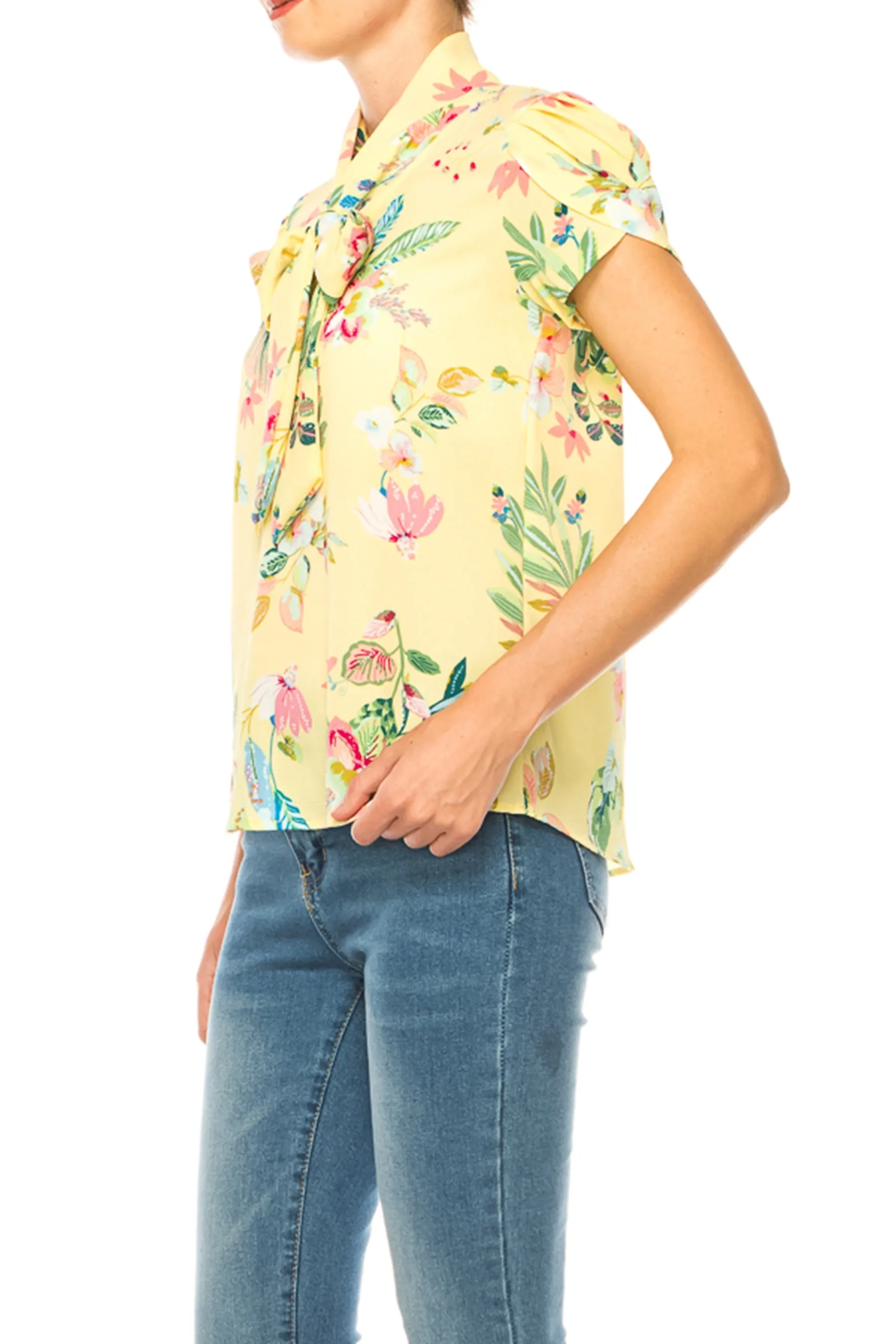 Floral Print Overlapping Short Sleeve Top with Front Tie Collar B2040 $11Each