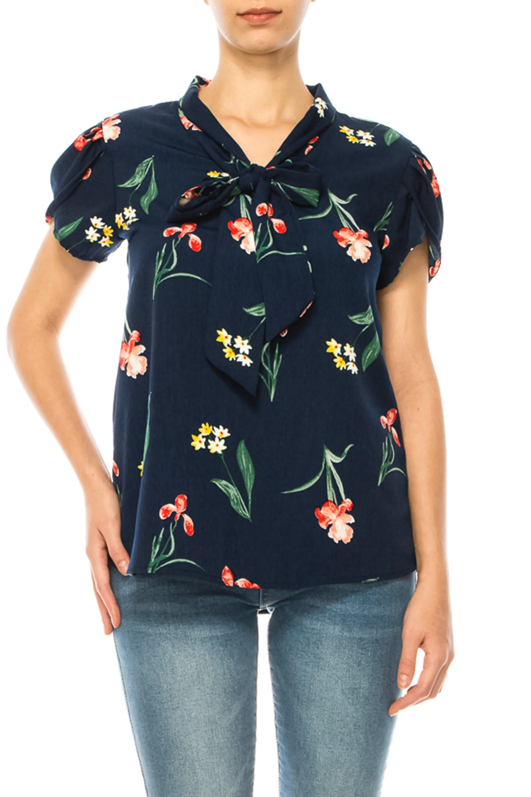 Floral Print Overlapping Short Sleeve Top with Front Tie Collar B2040 $11Each