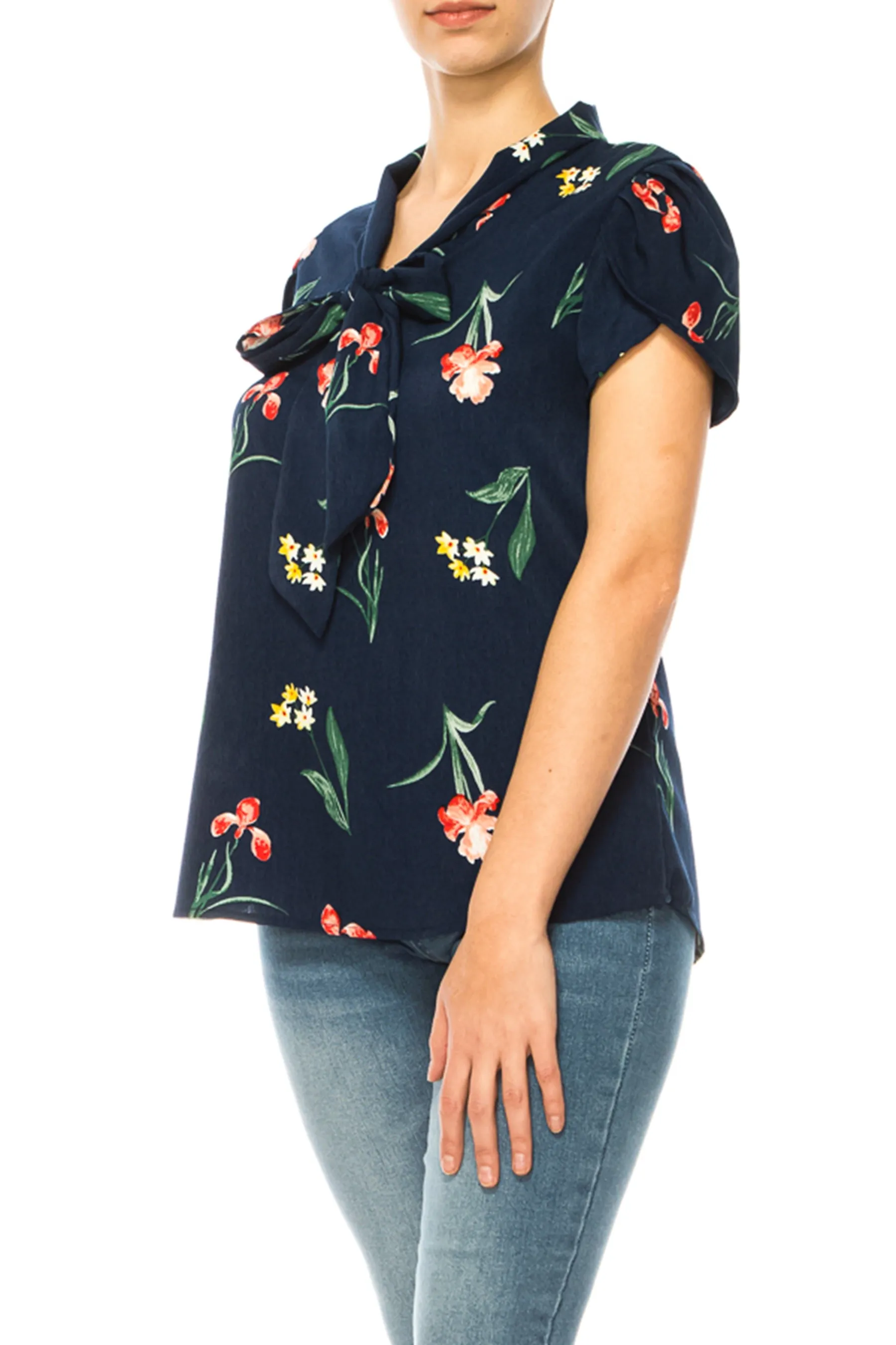 Floral Print Overlapping Short Sleeve Top with Front Tie Collar B2040 $11Each