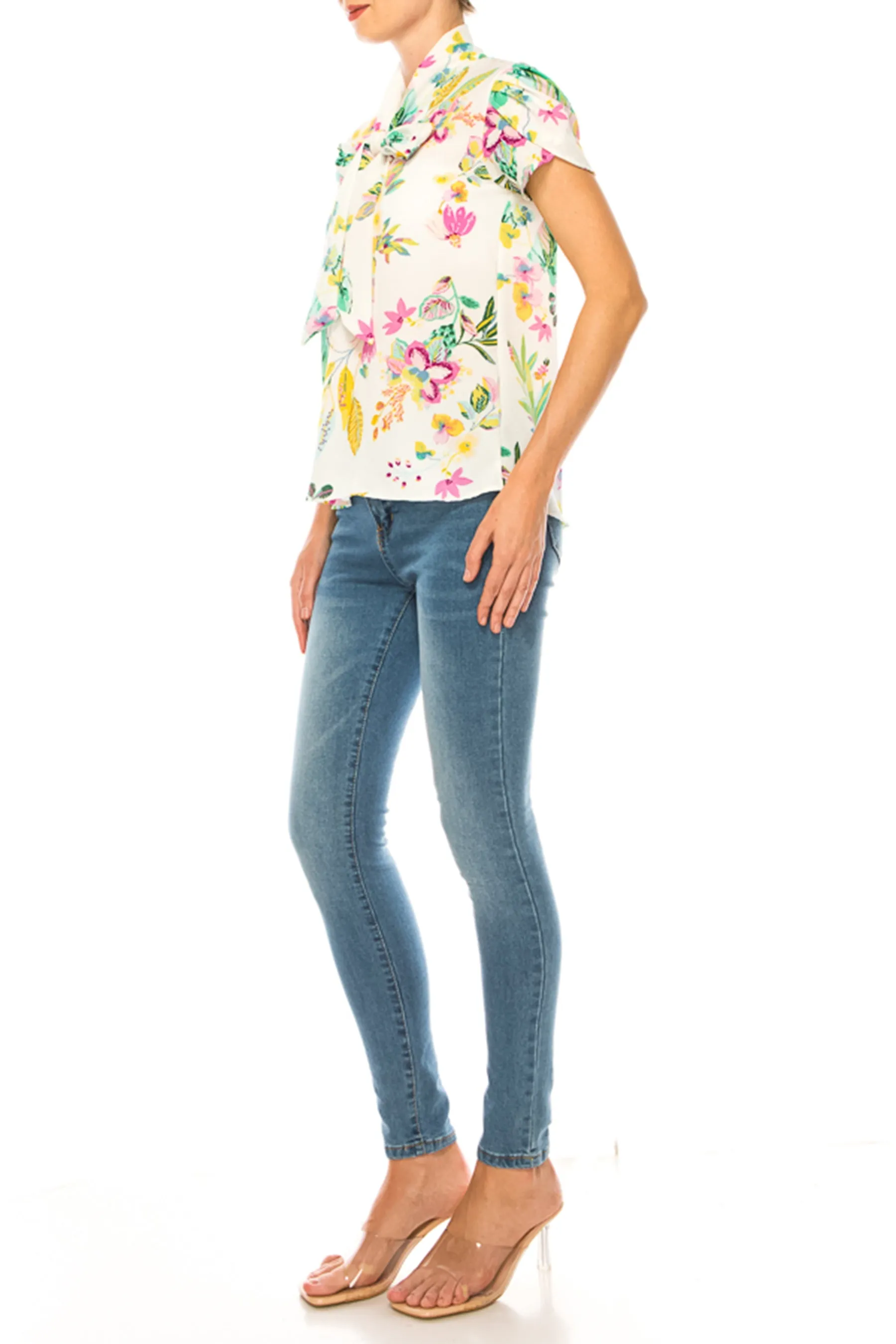 Floral Print Overlapping Short Sleeve Top with Front Tie Collar B2040 $11Each