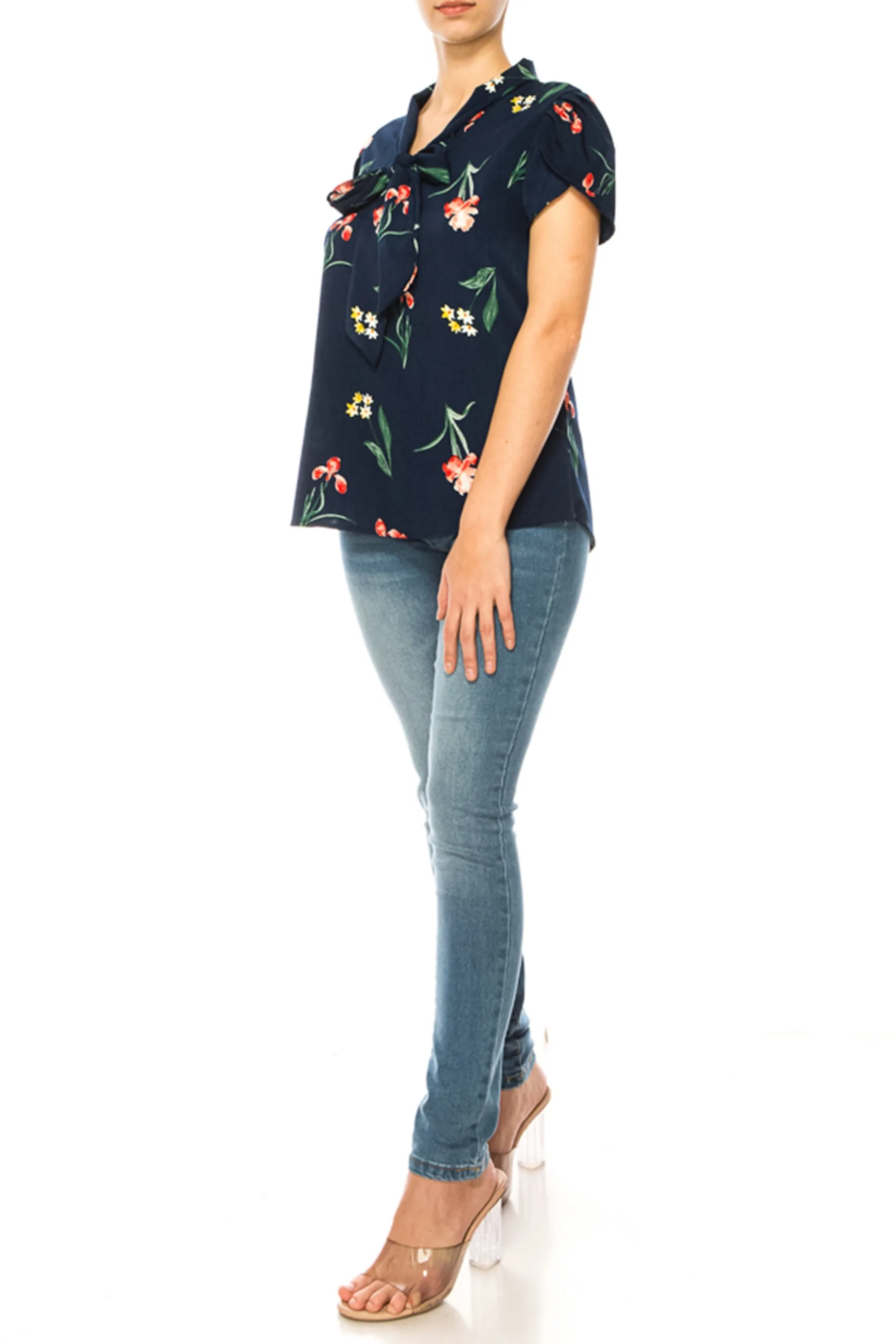 Floral Print Overlapping Short Sleeve Top with Front Tie Collar B2040 $11Each