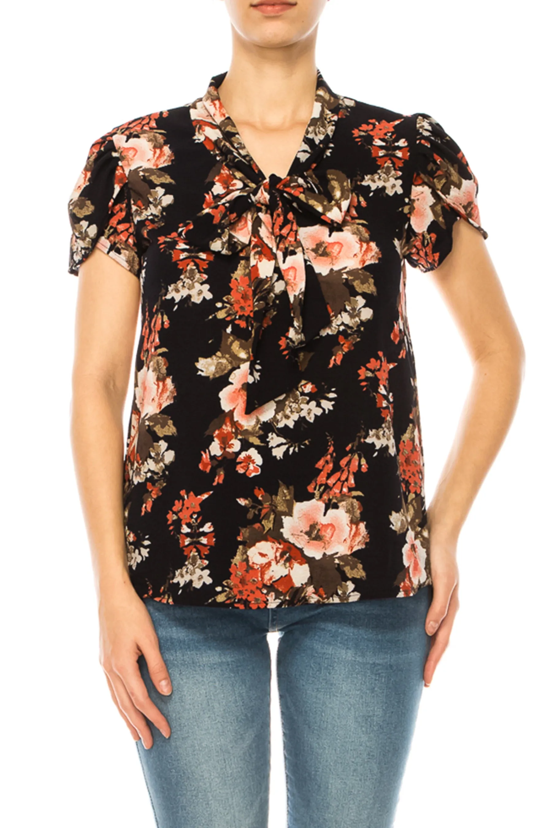 Floral Print Overlapping Short Sleeve Top with Front Tie Collar B2040 $11Each