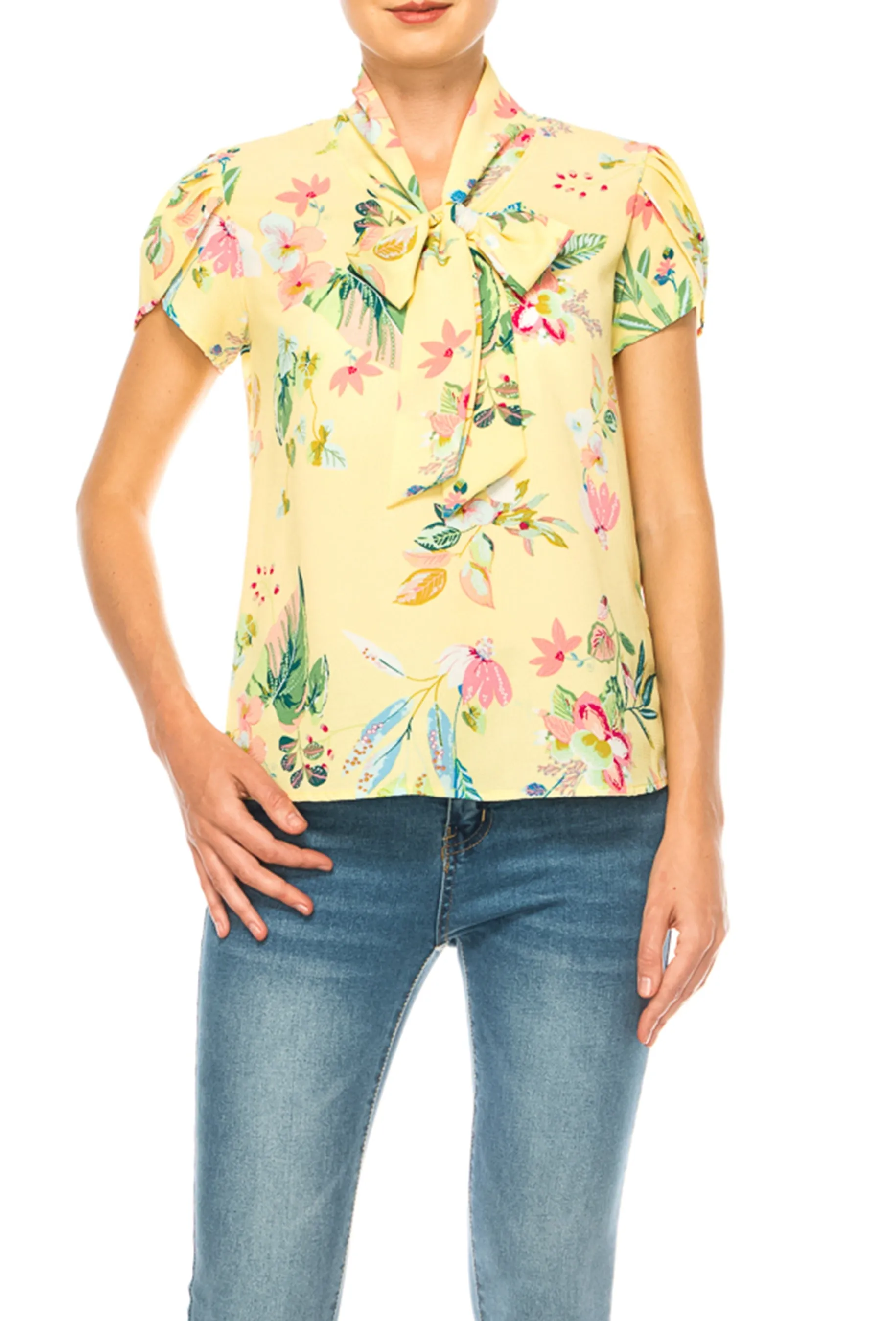 Floral Print Overlapping Short Sleeve Top with Front Tie Collar B2040 $11Each