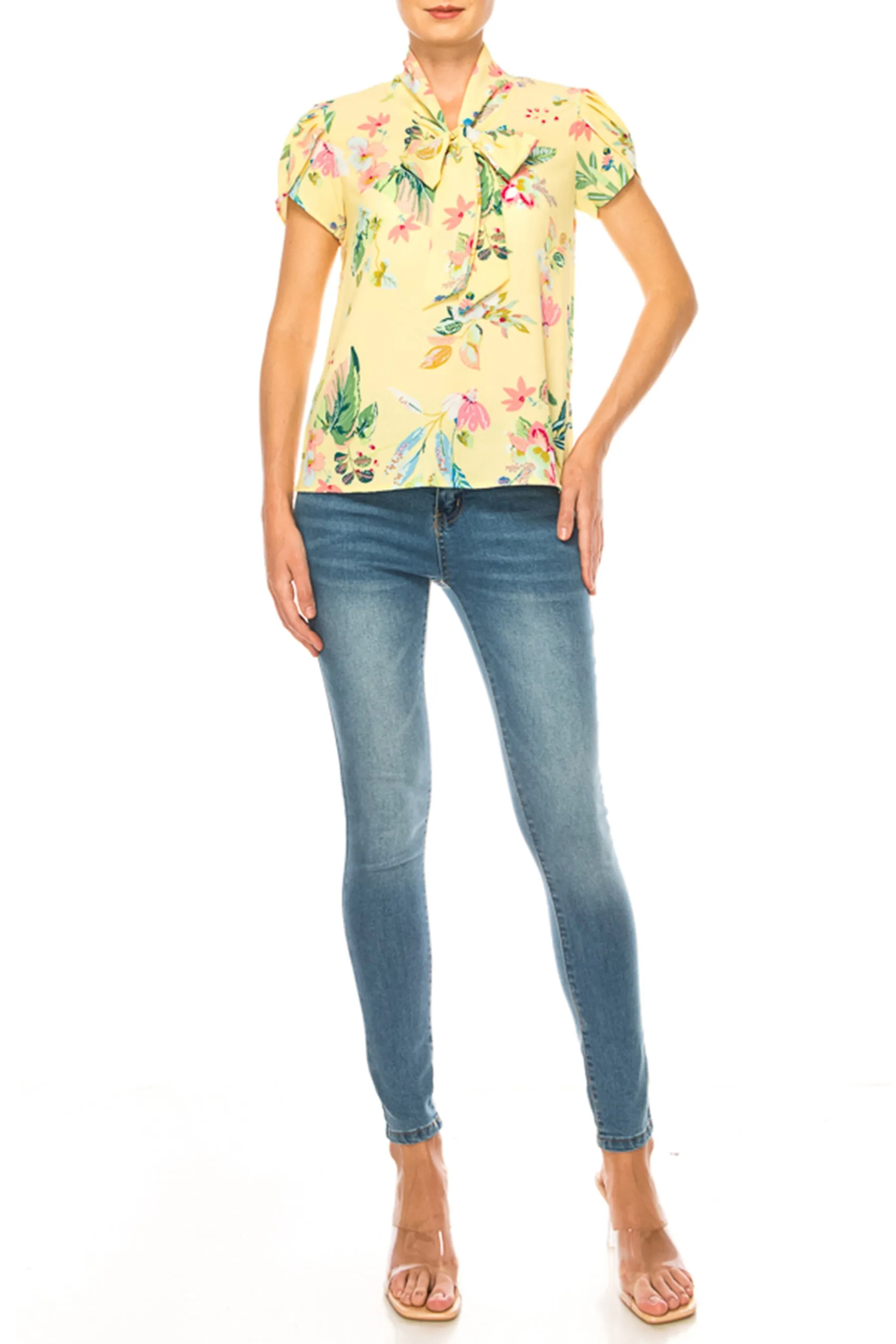 Floral Print Overlapping Short Sleeve Top with Front Tie Collar B2040 $11Each