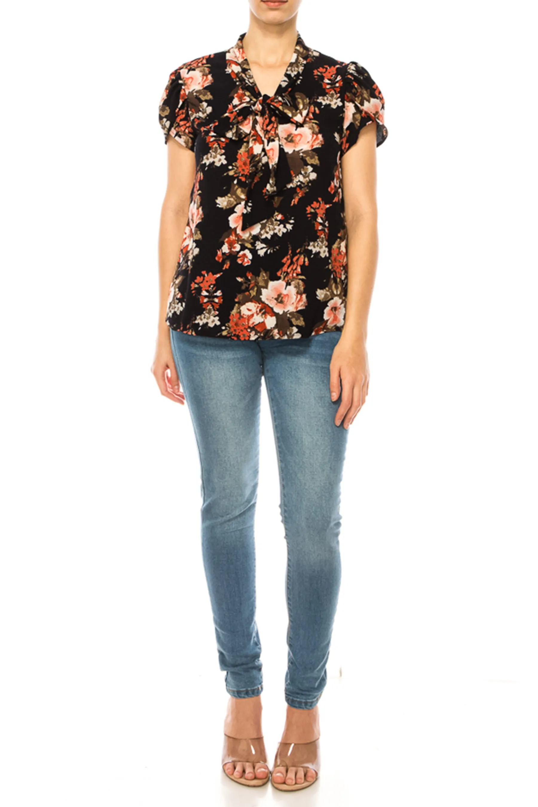 Floral Print Overlapping Short Sleeve Top with Front Tie Collar B2040 $11Each