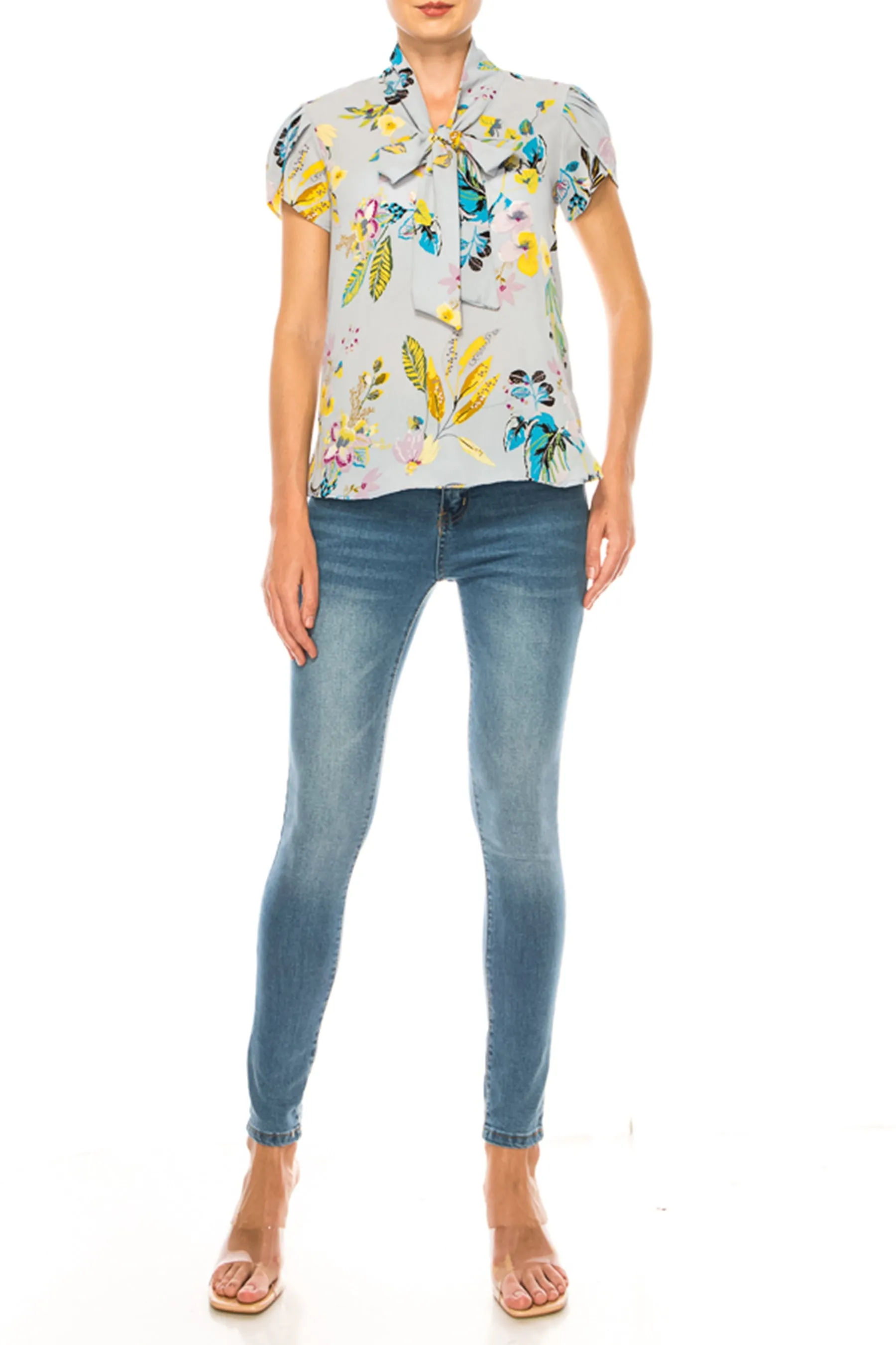 Floral Print Overlapping Short Sleeve Top with Front Tie Collar B2040 $11Each