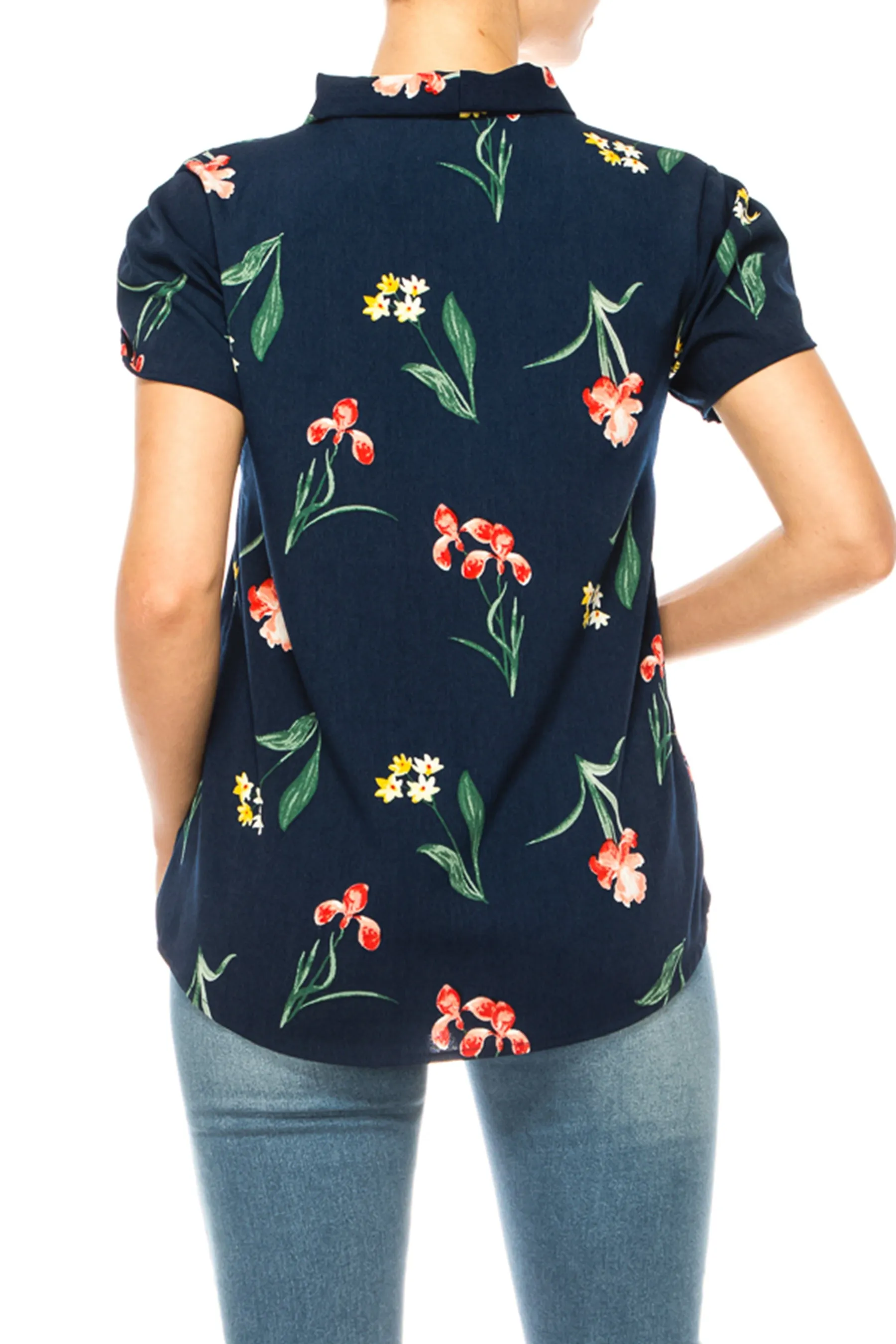 Floral Print Overlapping Short Sleeve Top with Front Tie Collar B2040 $11Each