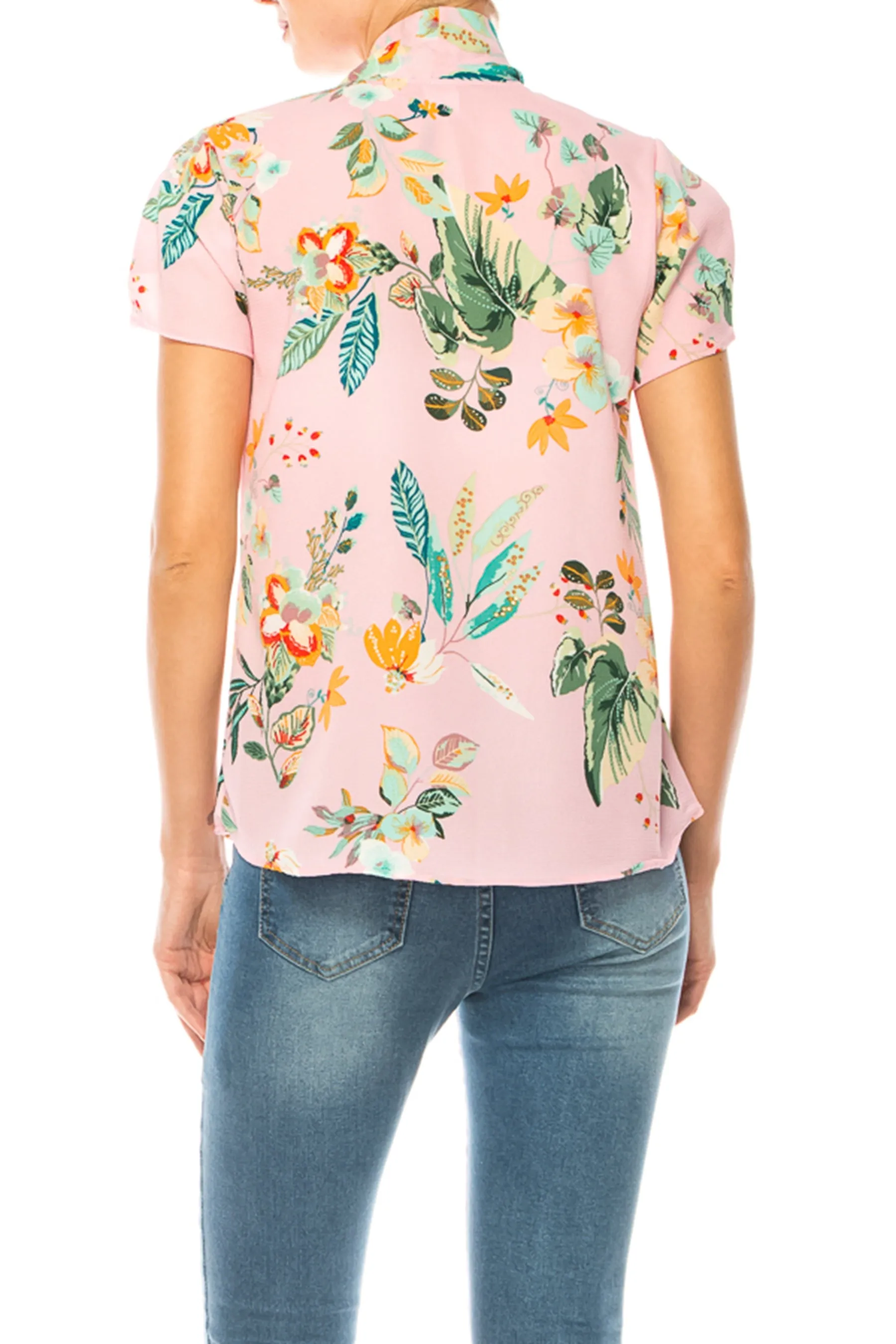 Floral Print Overlapping Short Sleeve Top with Front Tie Collar B2040 $11Each