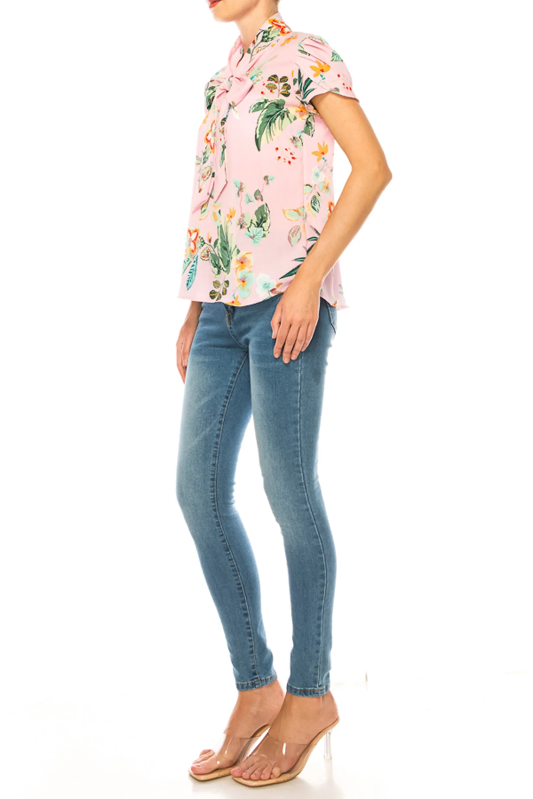 Floral Print Overlapping Short Sleeve Top with Front Tie Collar B2040 $11Each
