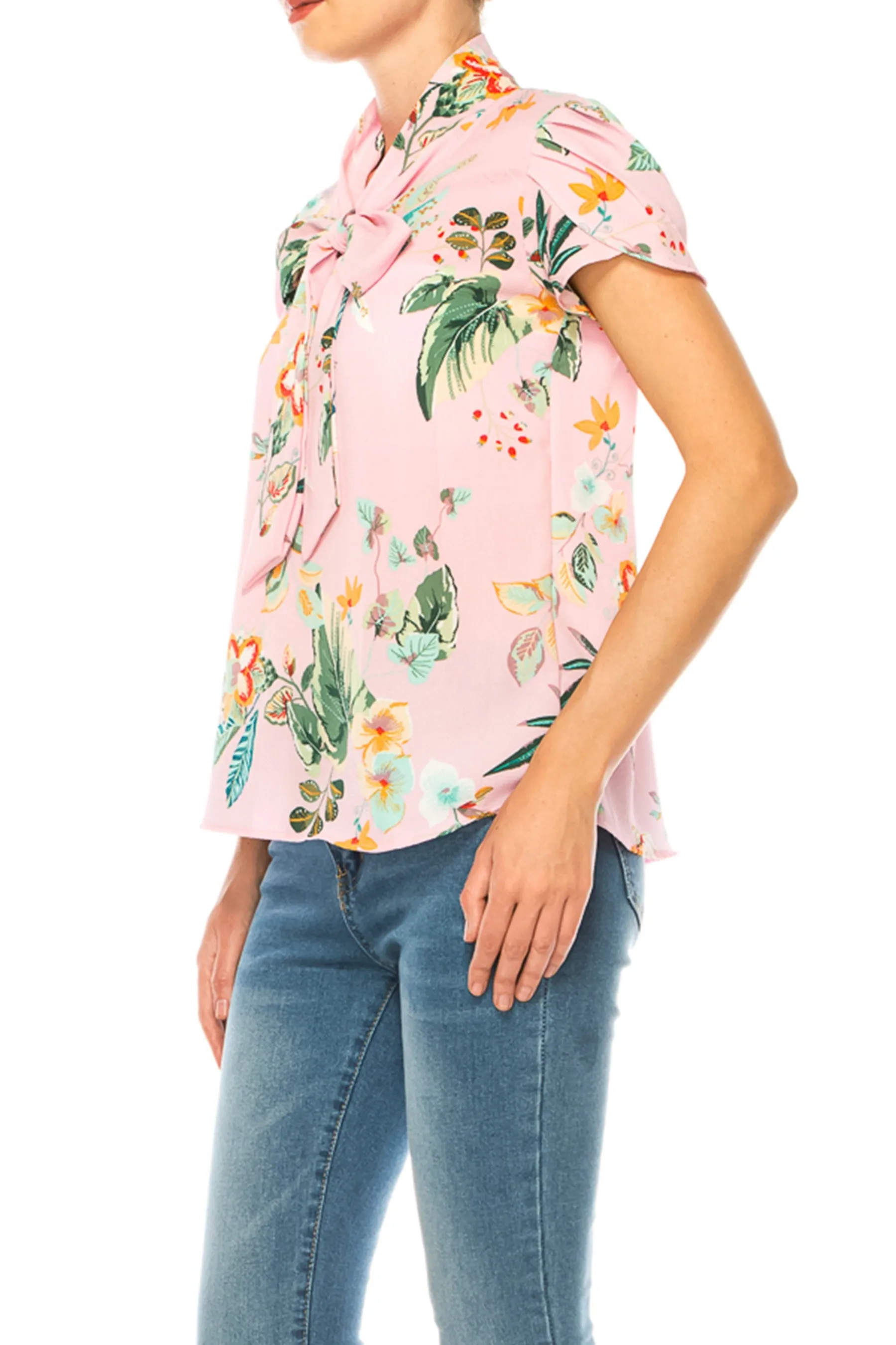 Floral Print Overlapping Short Sleeve Top with Front Tie Collar B2040 $11Each