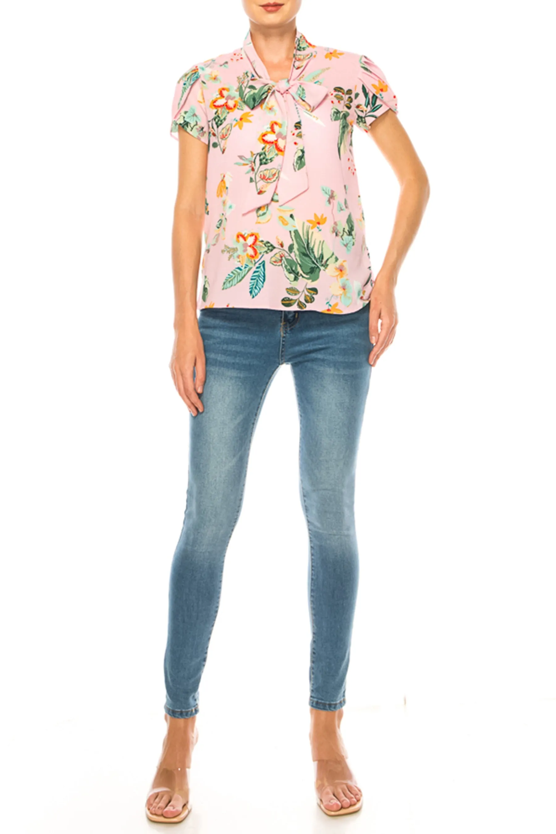 Floral Print Overlapping Short Sleeve Top with Front Tie Collar B2040 $11Each