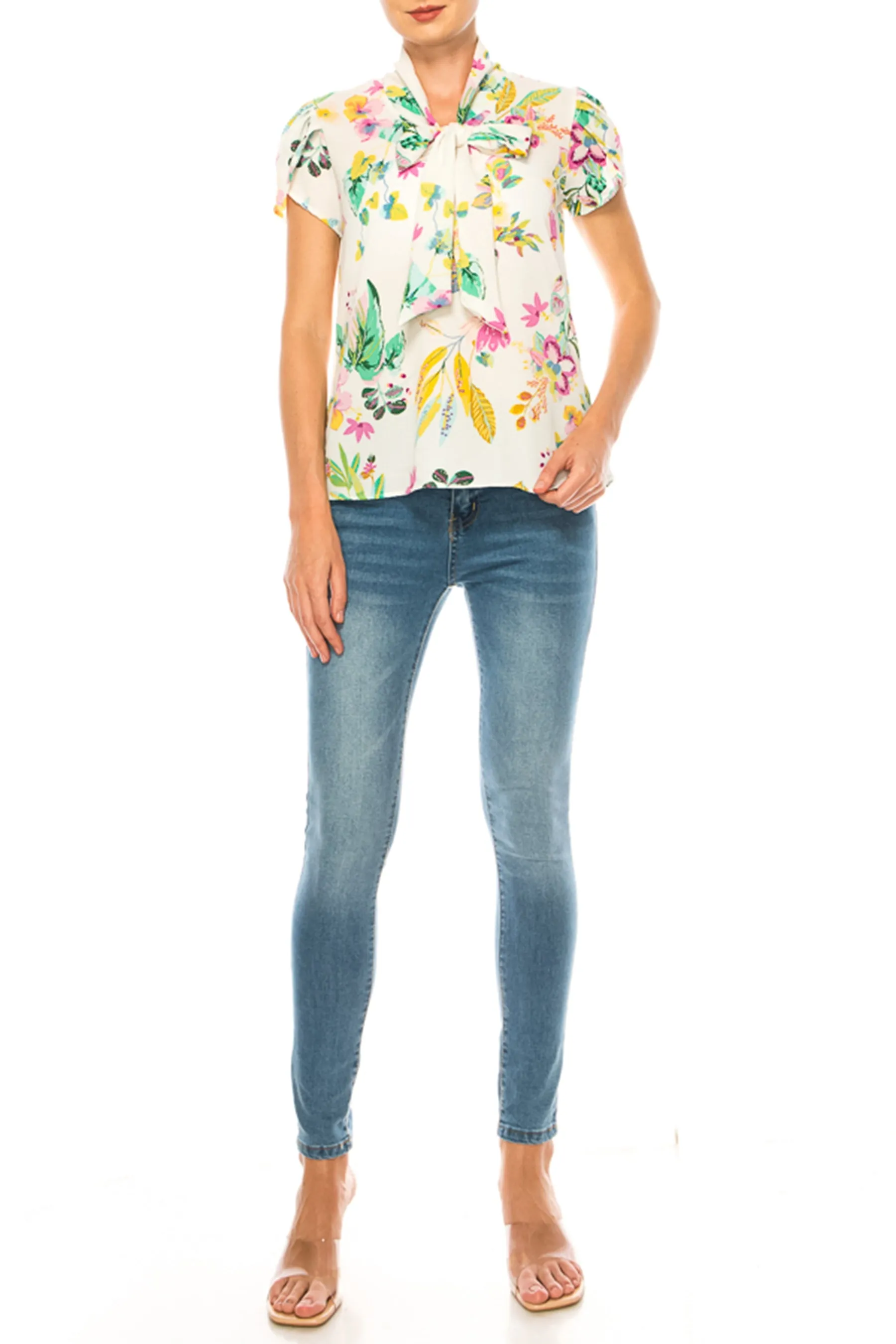 Floral Print Overlapping Short Sleeve Top with Front Tie Collar B2040 $11Each