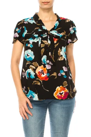 Floral Print Overlapping Short Sleeve Top with Front Tie Collar B2040 $11Each