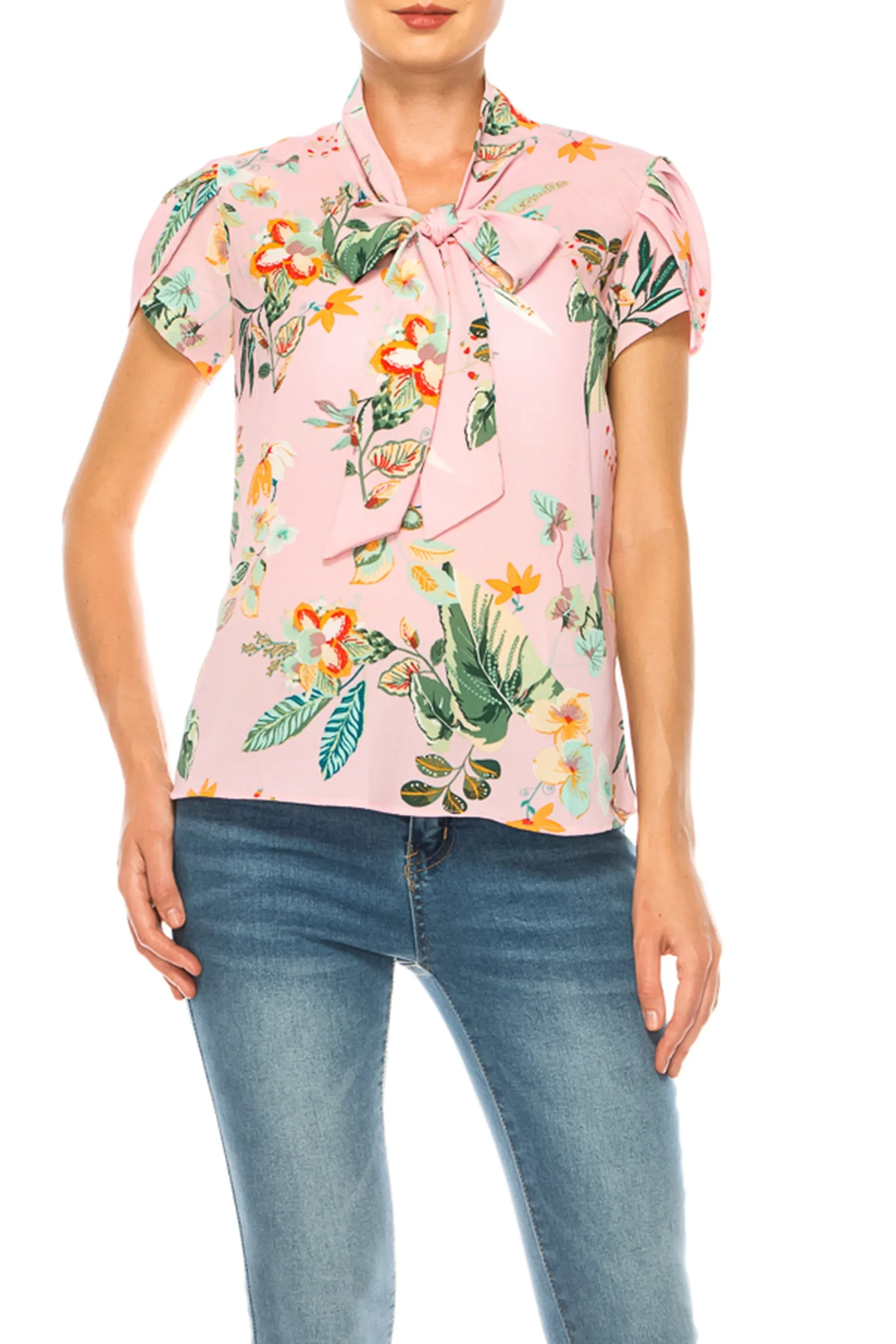 Floral Print Overlapping Short Sleeve Top with Front Tie Collar B2040 $11Each