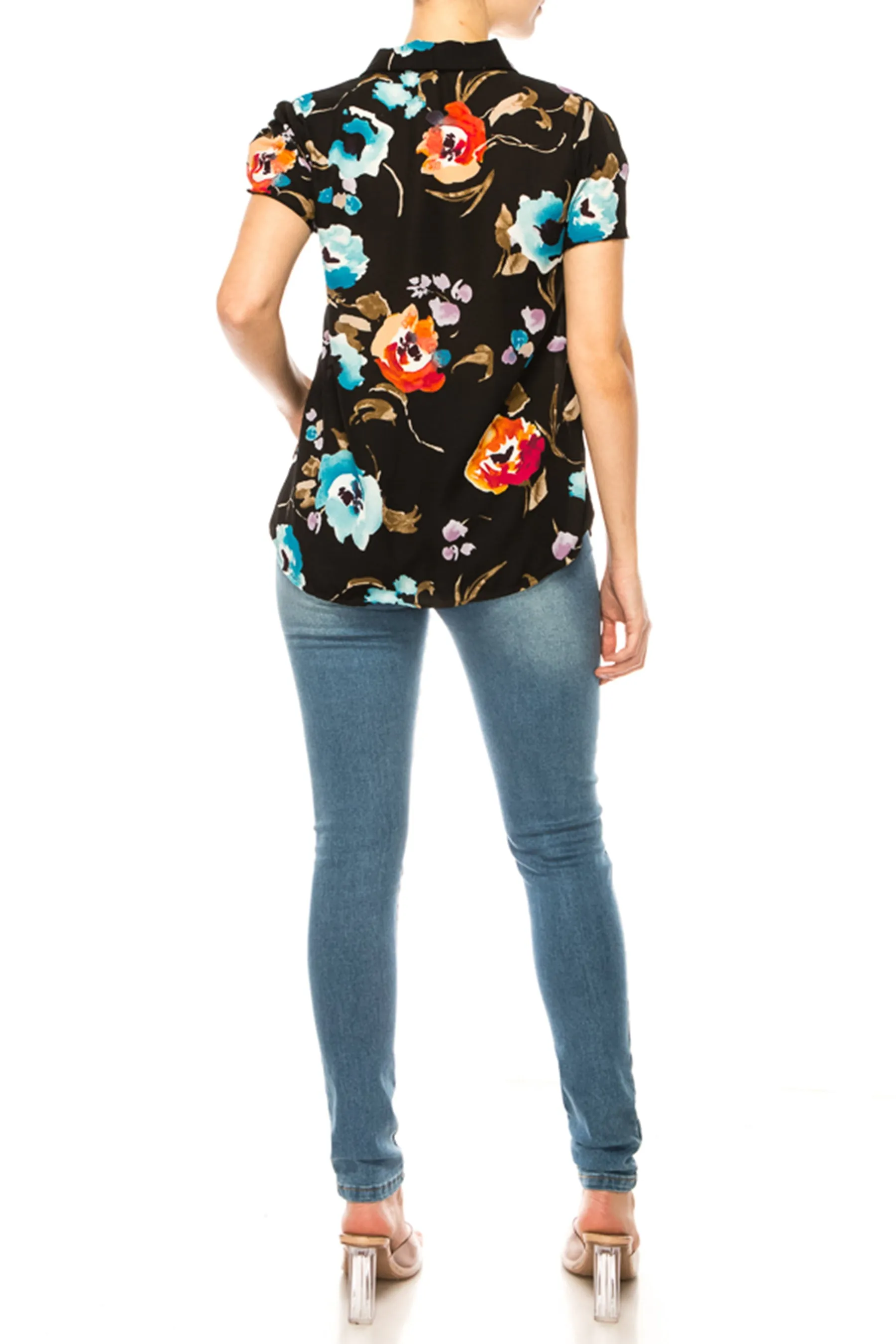 Floral Print Overlapping Short Sleeve Top with Front Tie Collar B2040 $11Each
