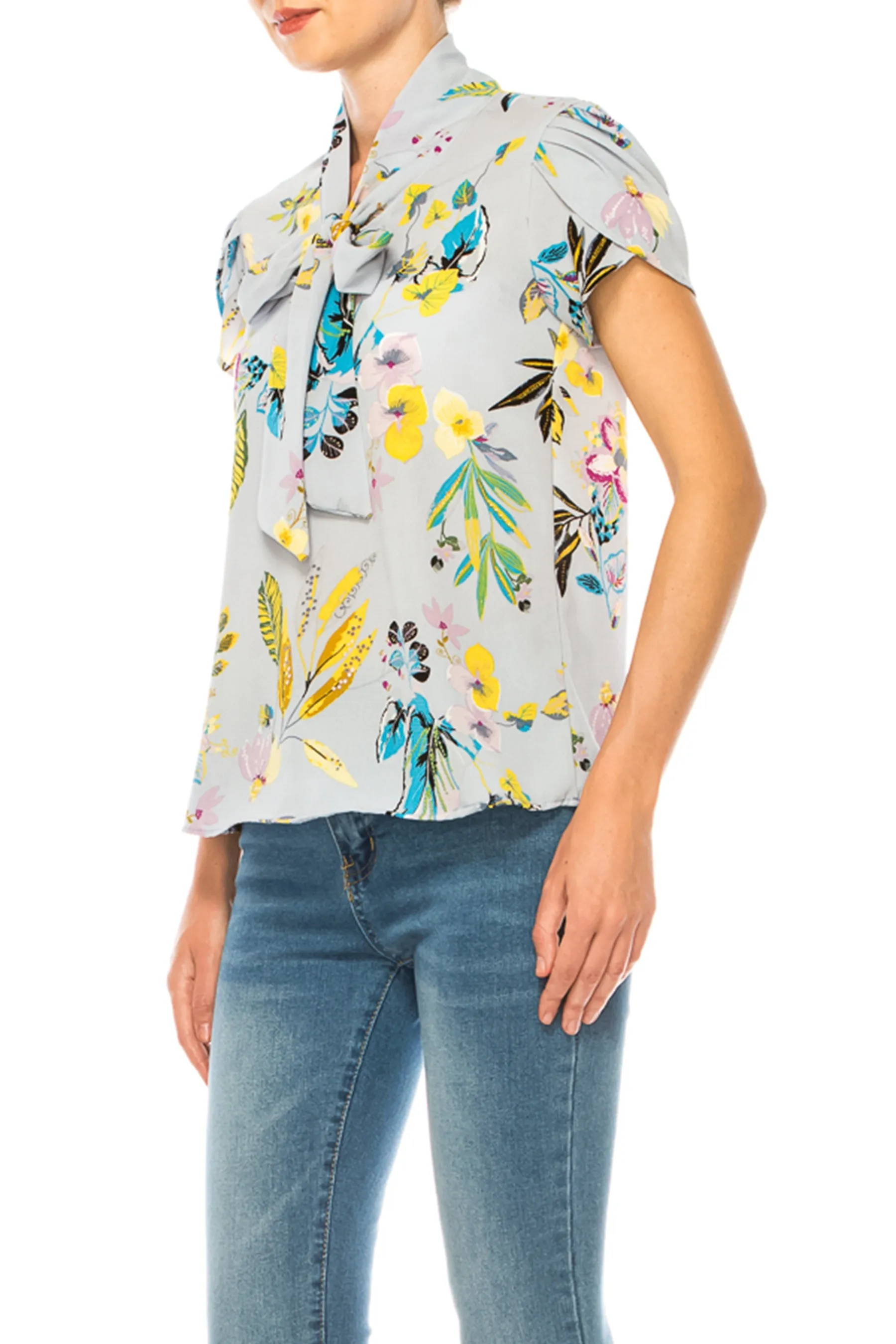 Floral Print Overlapping Short Sleeve Top with Front Tie Collar B2040 $11Each
