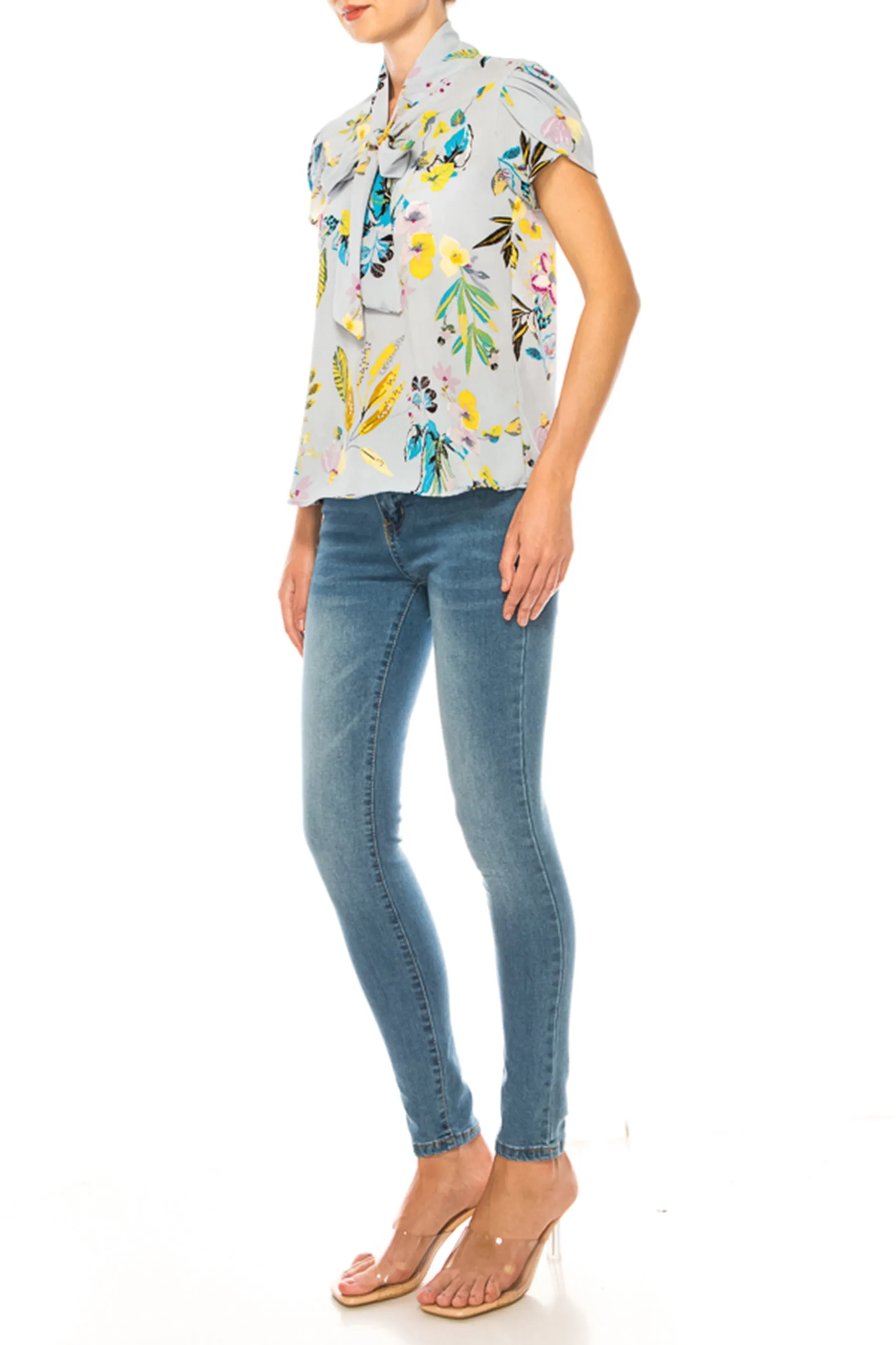 Floral Print Overlapping Short Sleeve Top with Front Tie Collar B2040 $11Each
