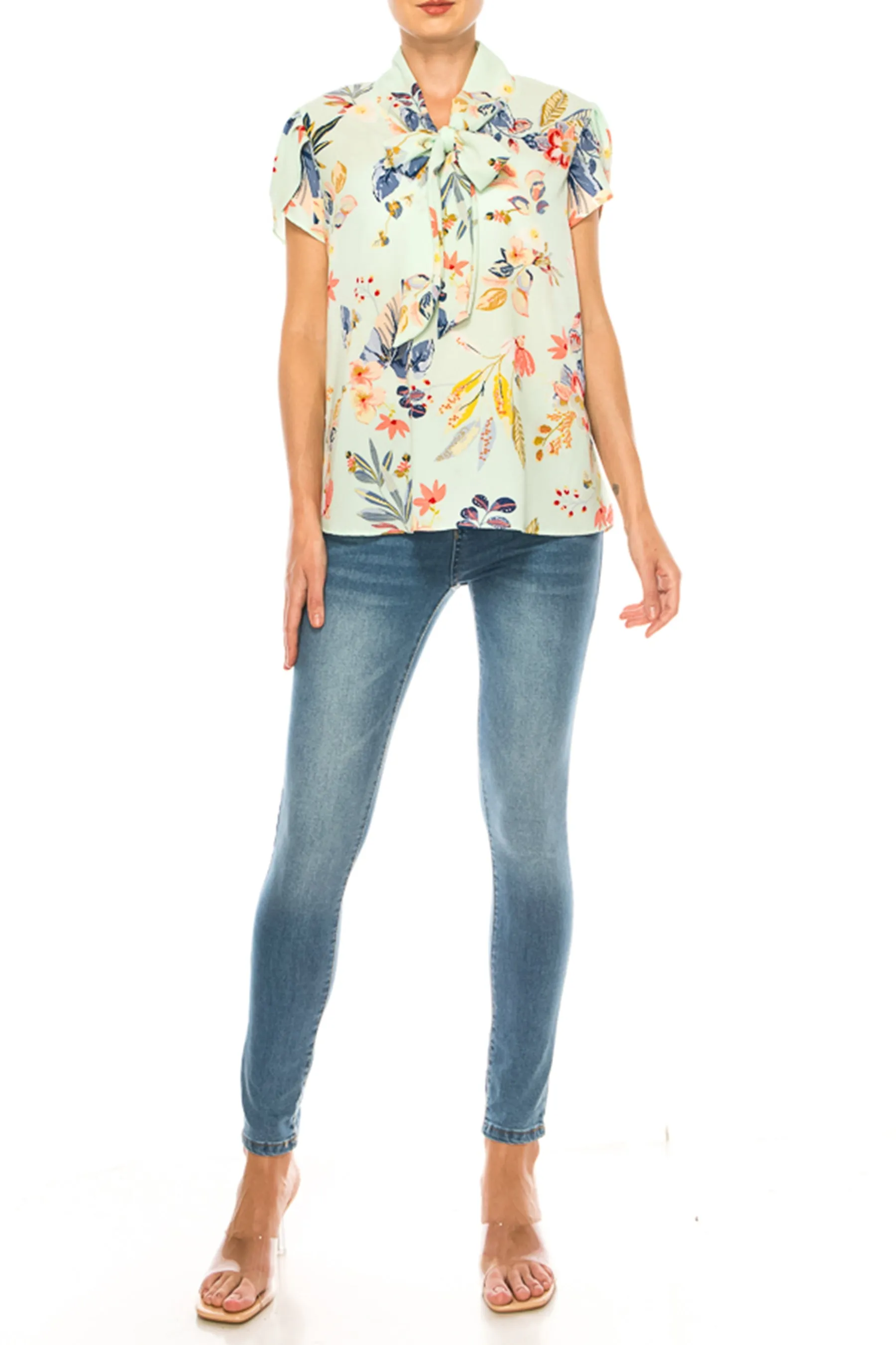 Floral Print Overlapping Short Sleeve Top with Front Tie Collar B2040 $11Each