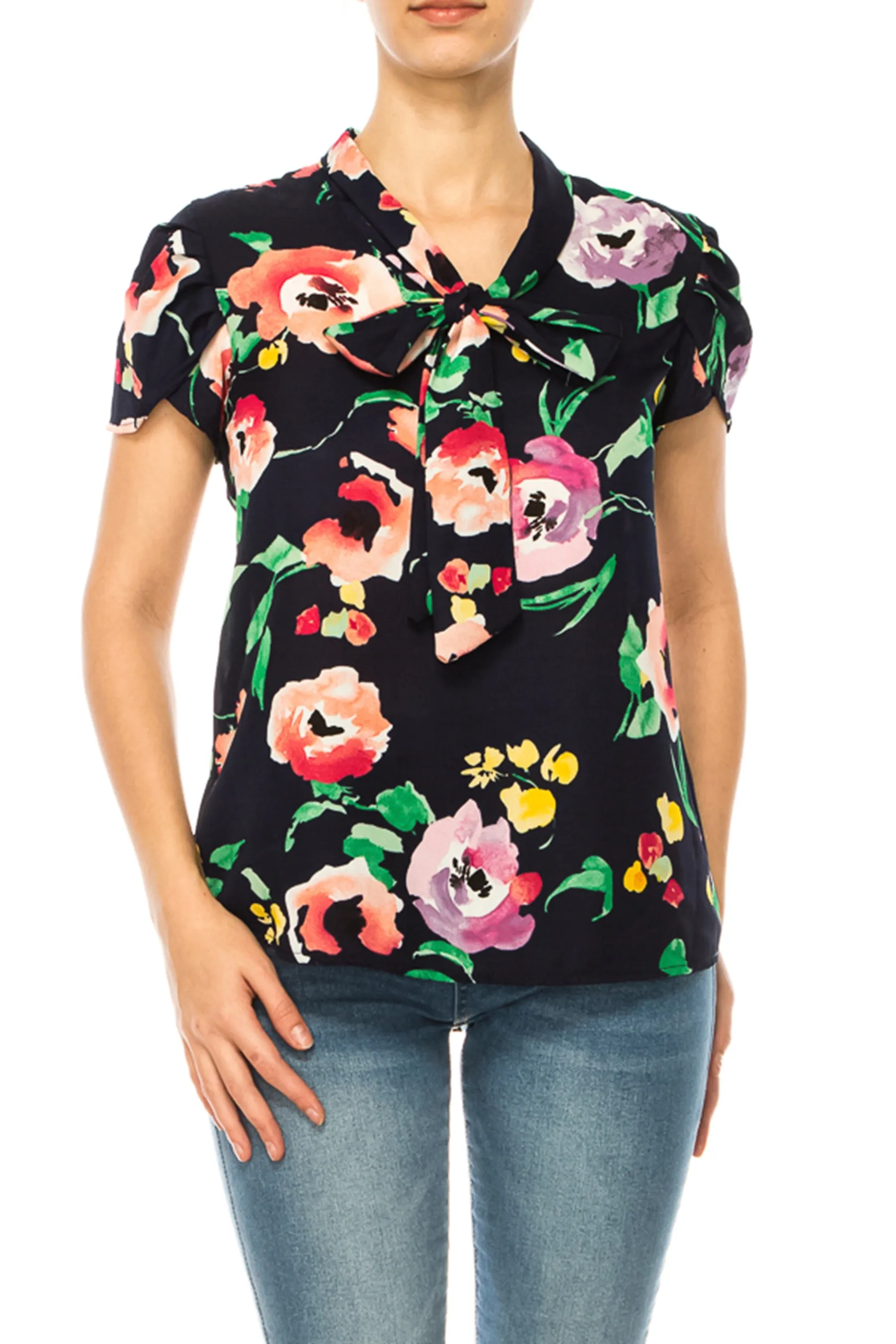 Floral Print Overlapping Short Sleeve Top with Front Tie Collar B2040 $11Each